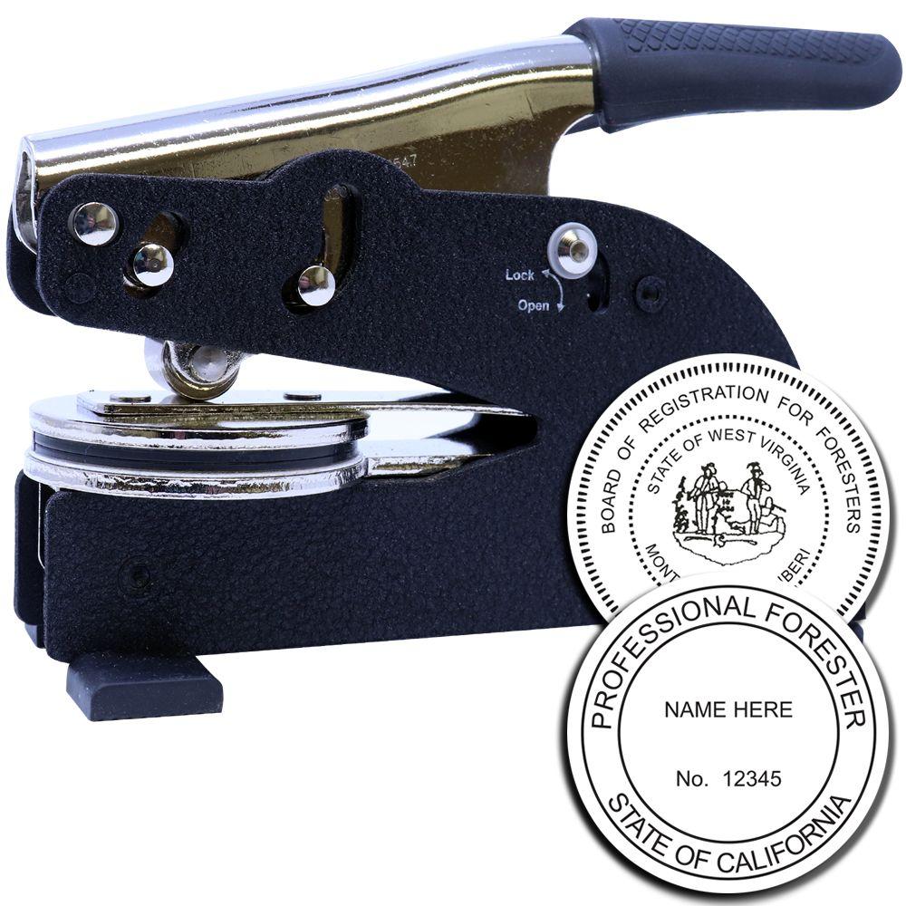 Professional forester seal embossing stamp press with West Virginia and California forestry registration seals.