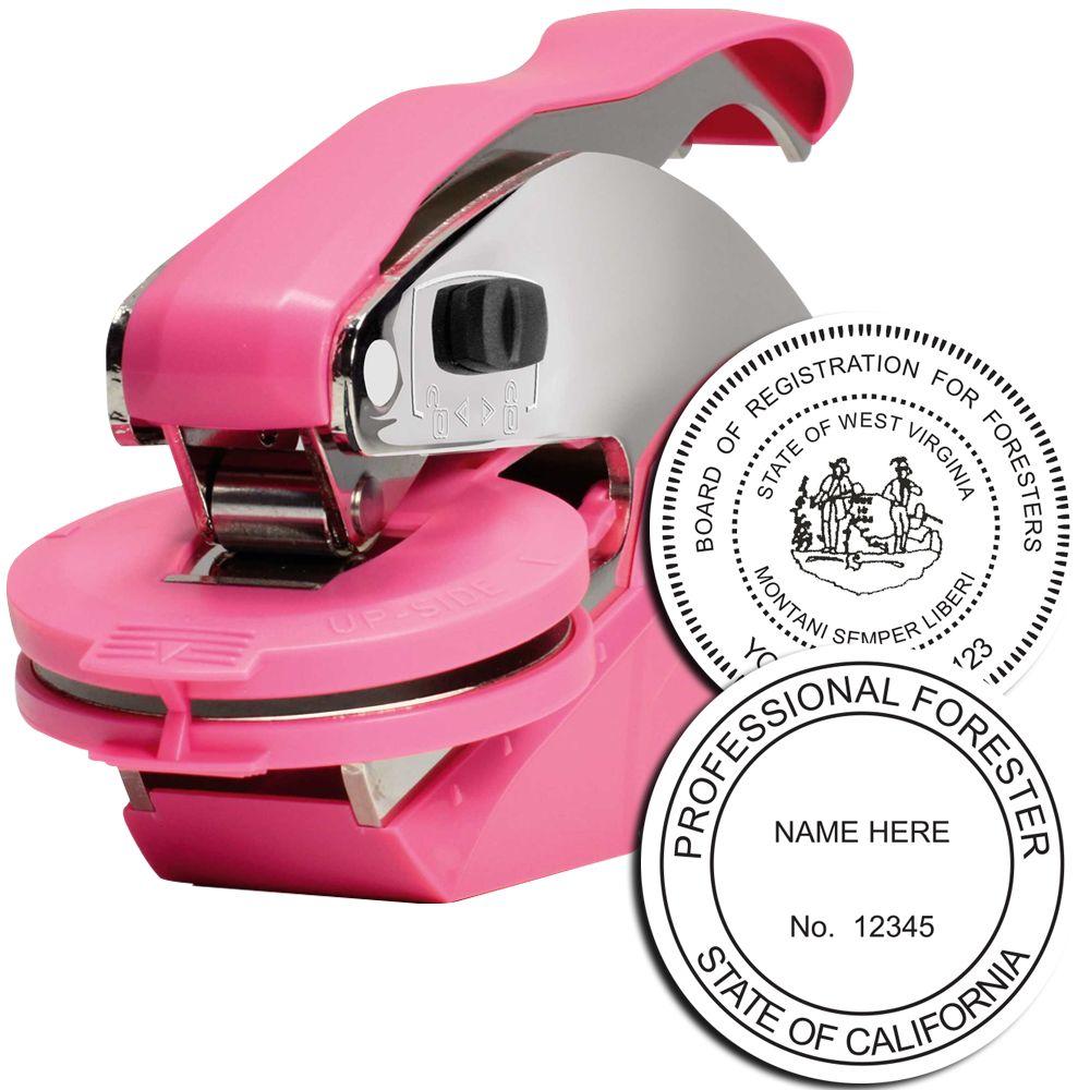 Pink professional forester embosser stamp with custom state seal impressions and forestry registration badge design.
