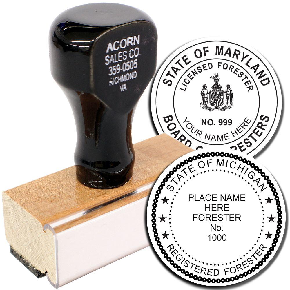 Custom forester rubber stamp with wooden handle, featuring Maryland and Michigan state forester seal designs for official document use.