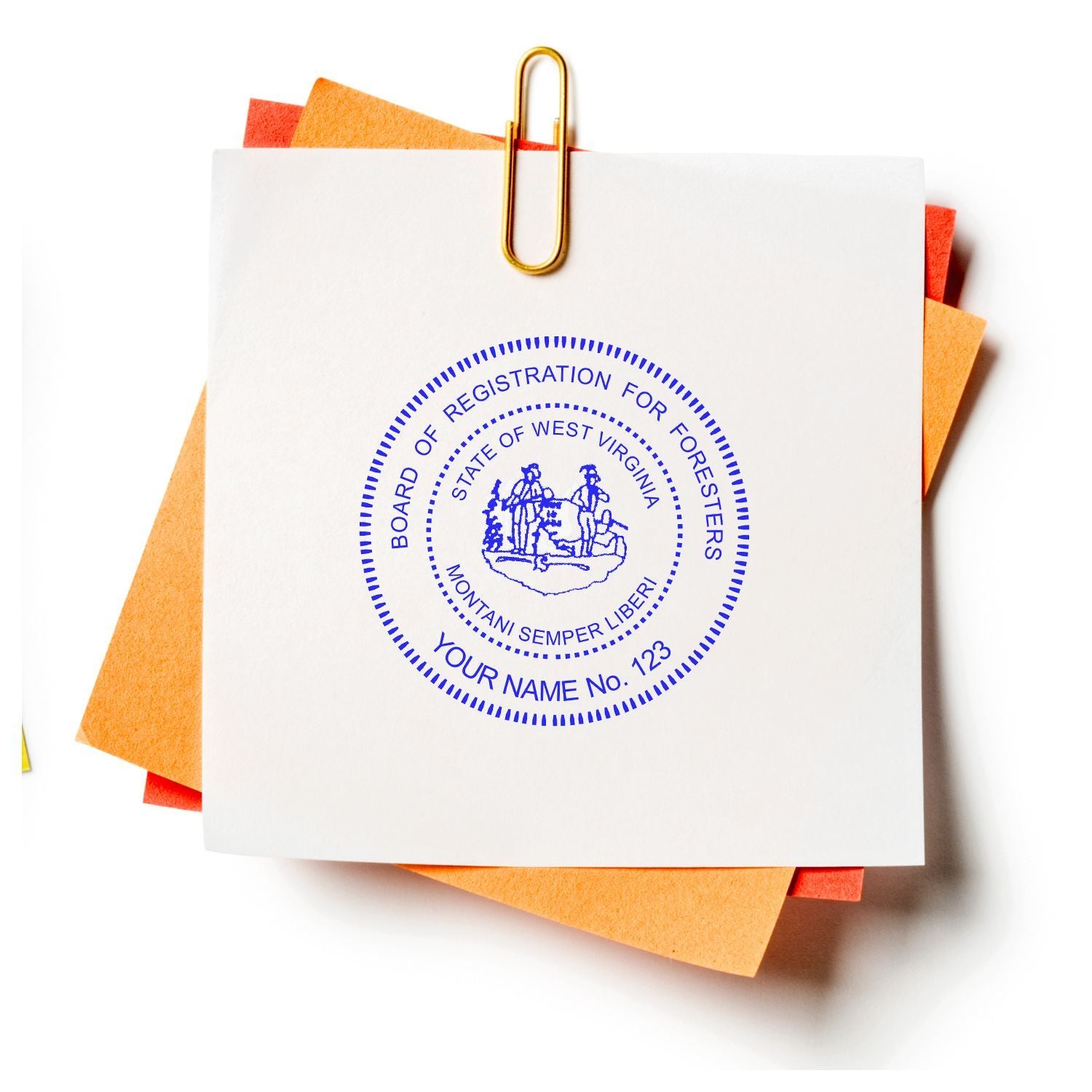 White note pad clipped with a gold paperclip and colorful sticky notes, featuring a blue Board of Registration for Foresters, State of West Virginia stamp.