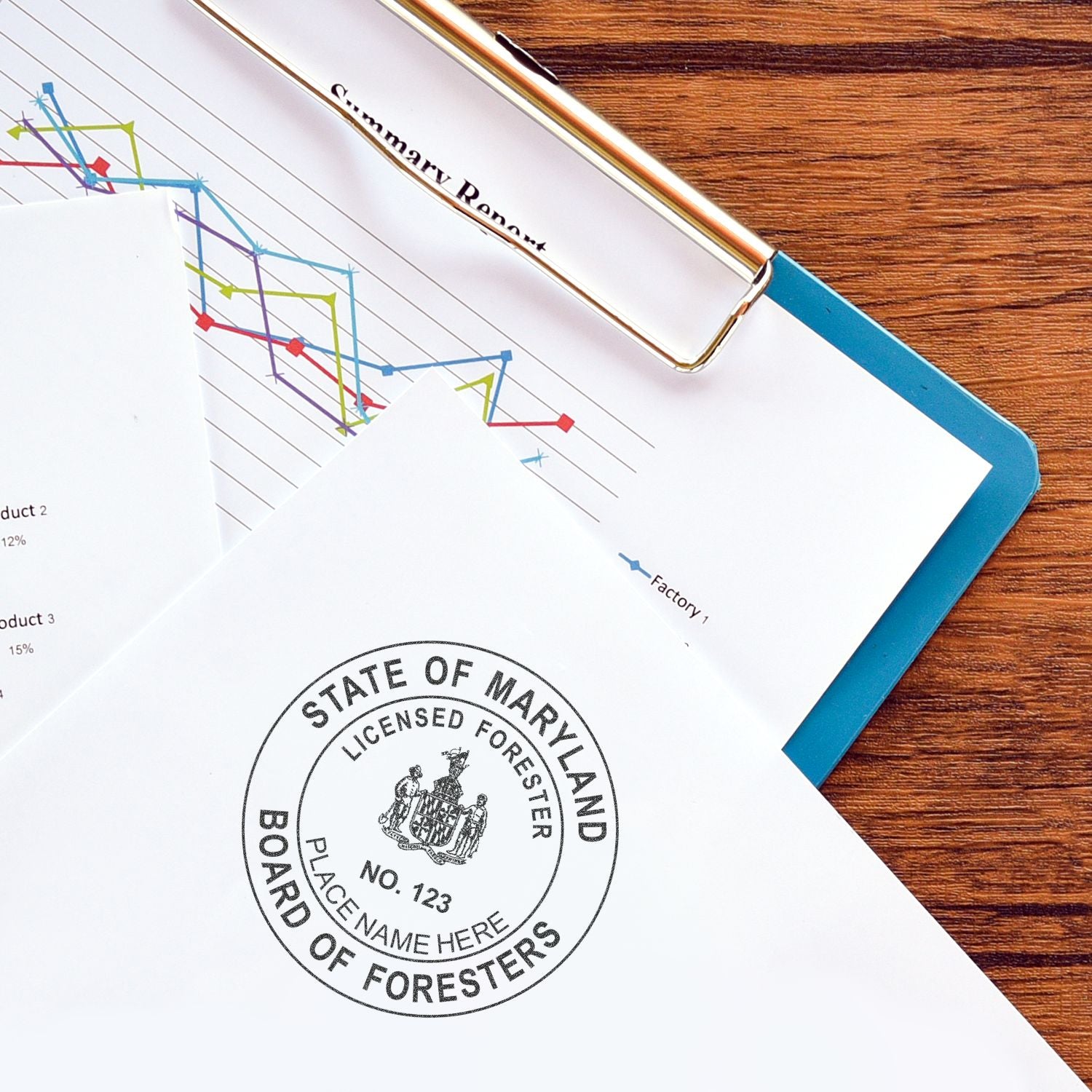 Summary report with colorful line charts and a State of Maryland Board of Foresters stamp on clipboard over a wooden desk.