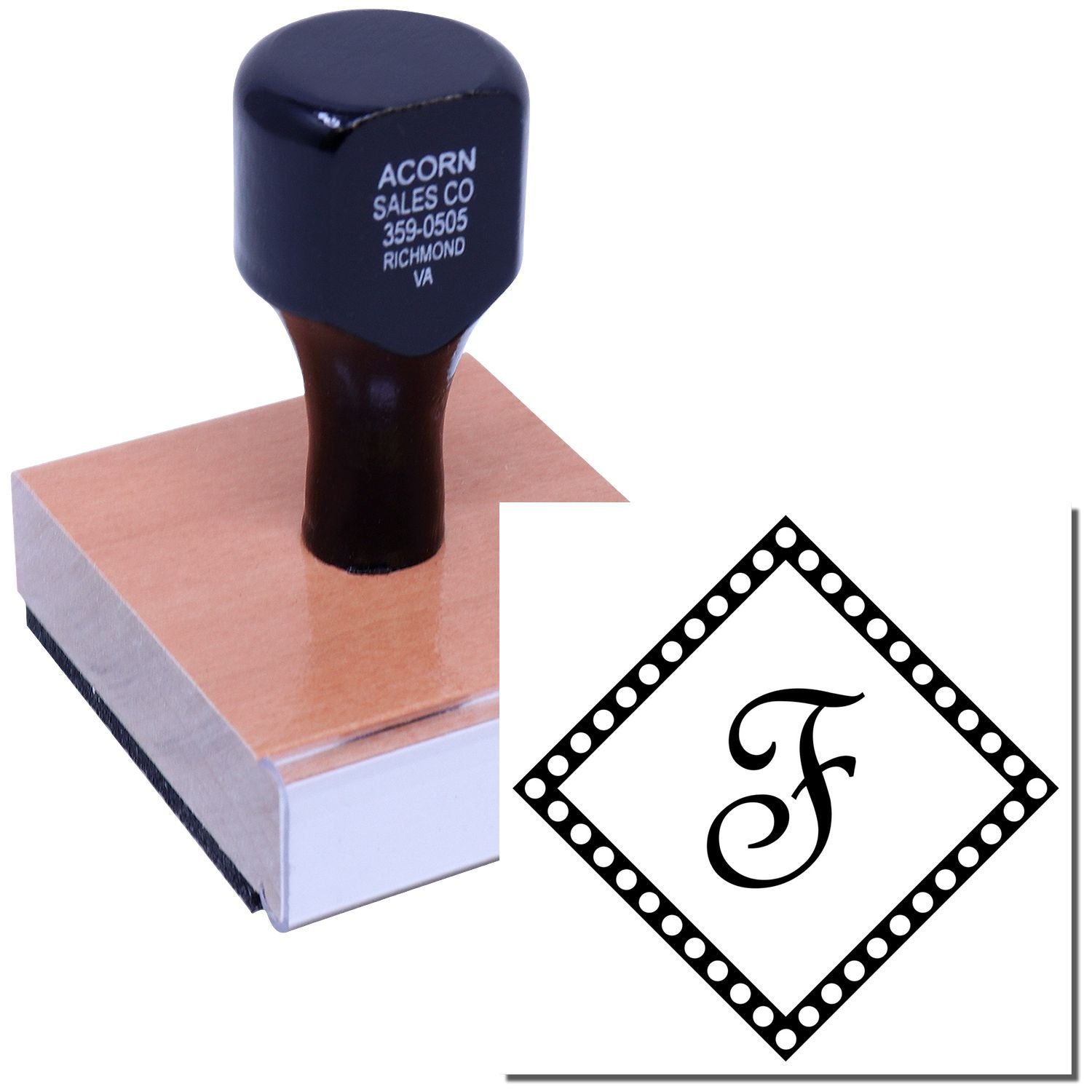 Custom monogram rubber stamp with decorative diamond border for personalized business or address stamping.