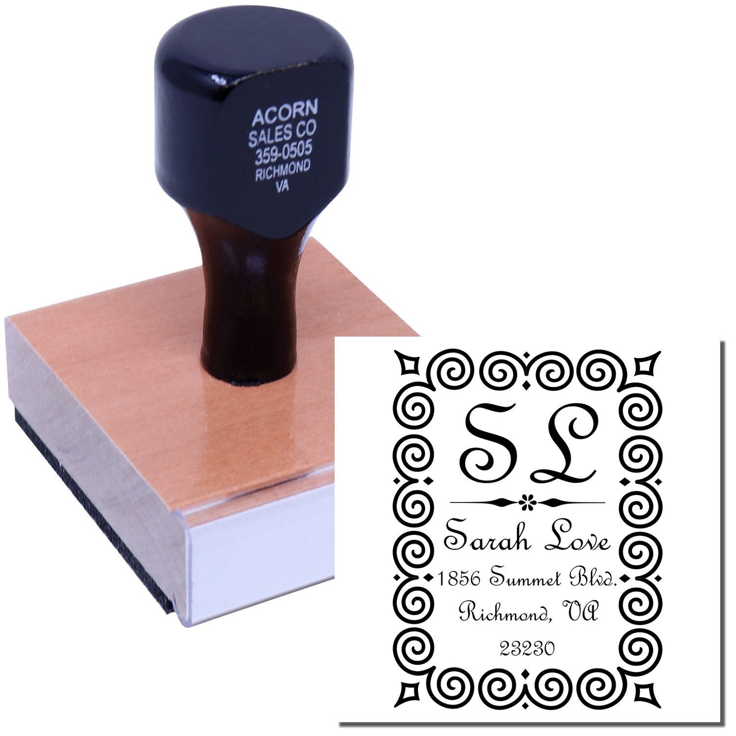 Personalized address rubber stamp with monogram and ornate border, perfect for wedding invitations, envelopes, and custom mailings.