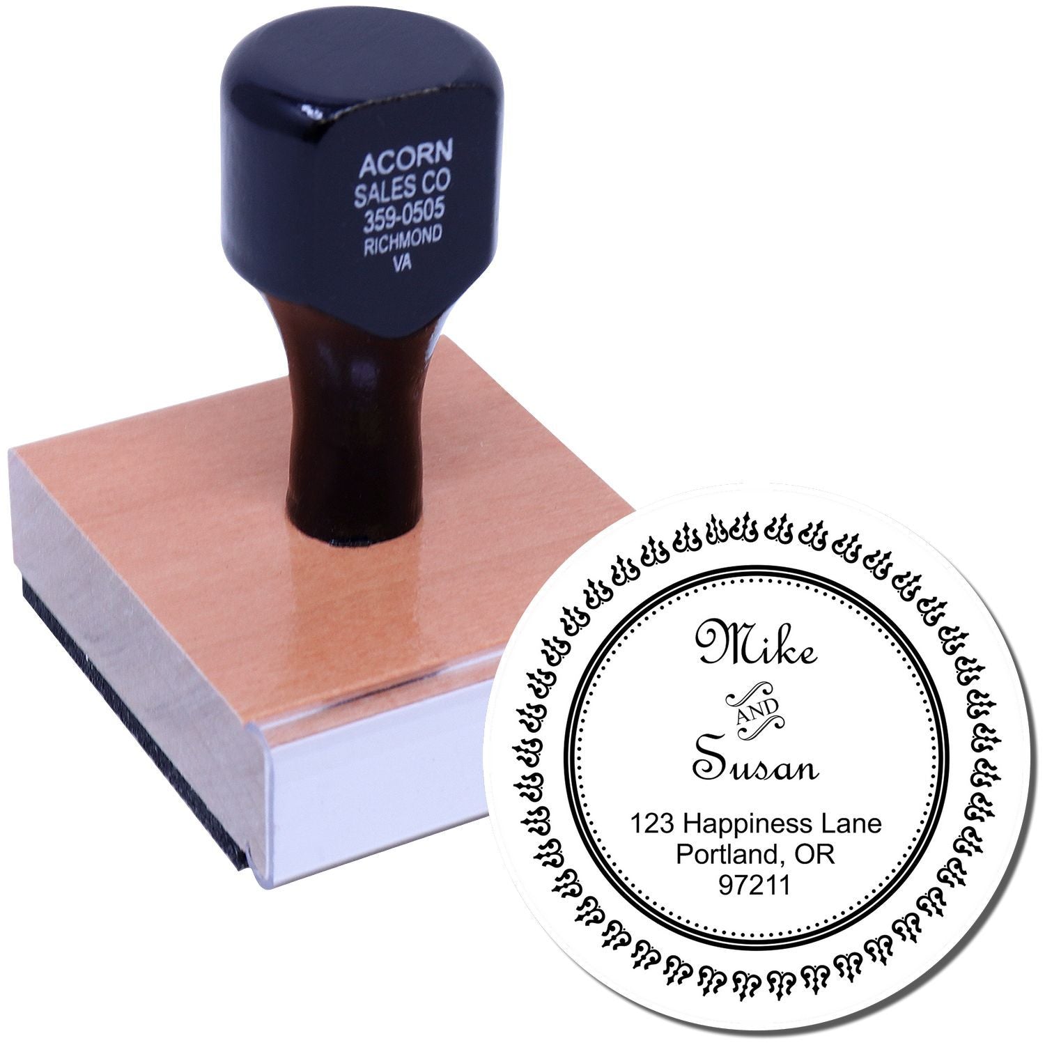 Custom rubber stamp with personalized address and monogram imprint for wedding invitations, envelopes, and stationery.