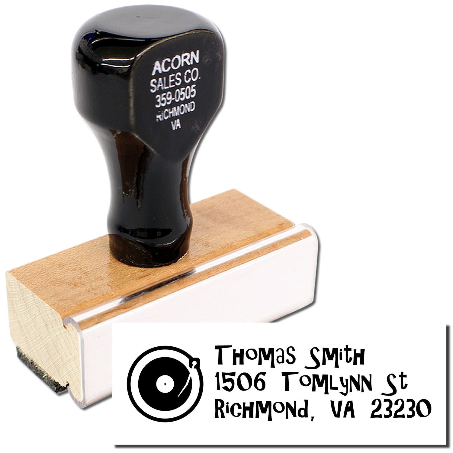Custom return address rubber stamp with Thomas Smith Richmond VA address and record icon for personalized mailing.