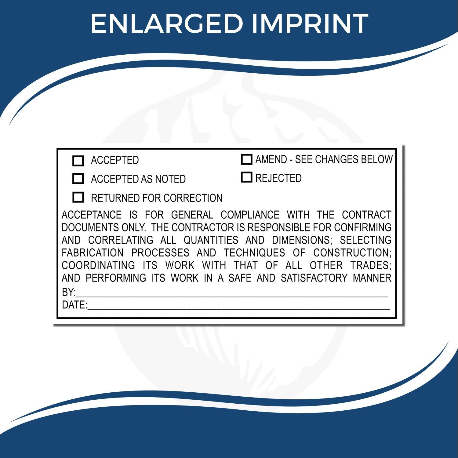 Enlarged imprint approval stamp template for construction documents with accepted, rejected, and correction checkboxes.