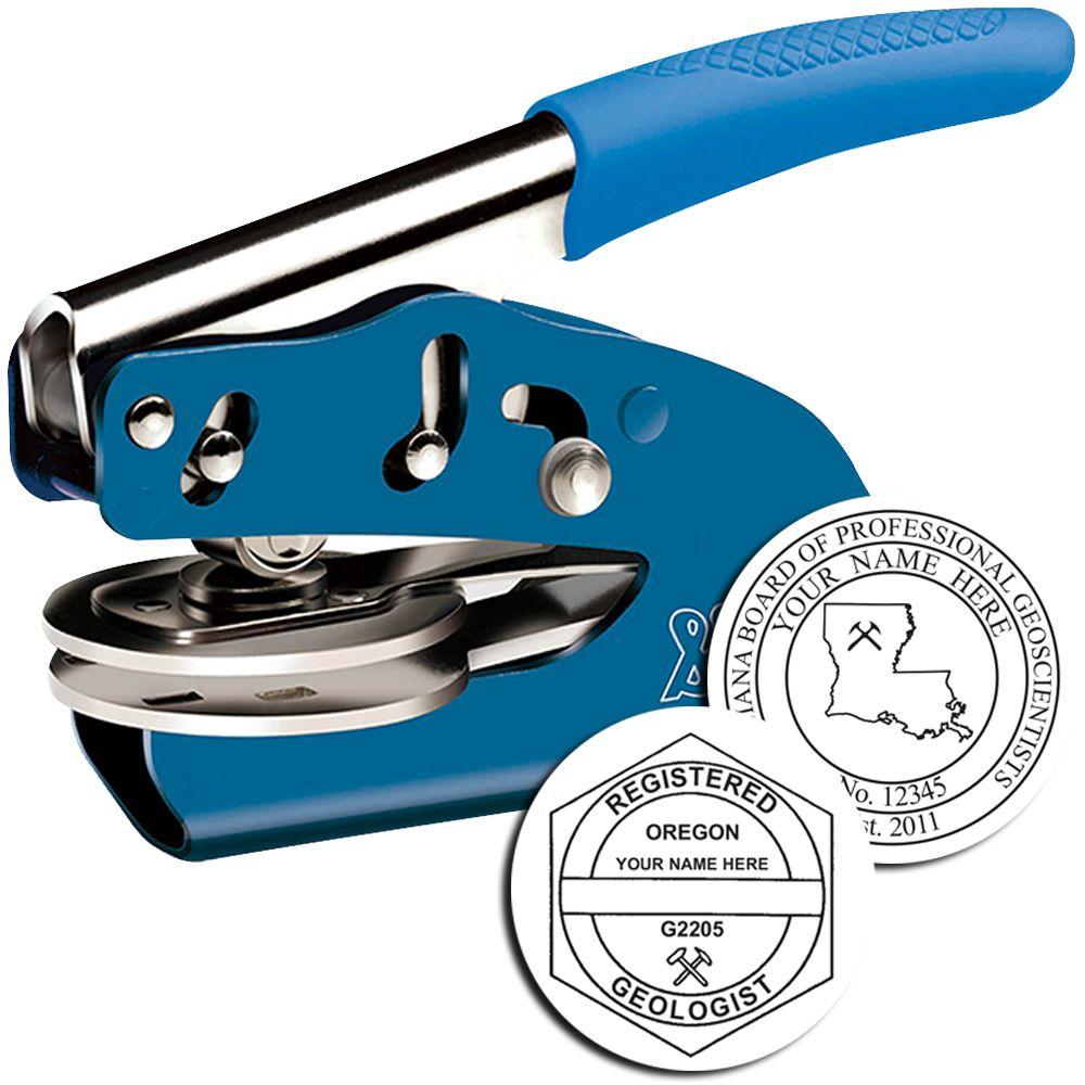 Blue custom geologist embosser stamp with professional seal design and personalized state registration logo.