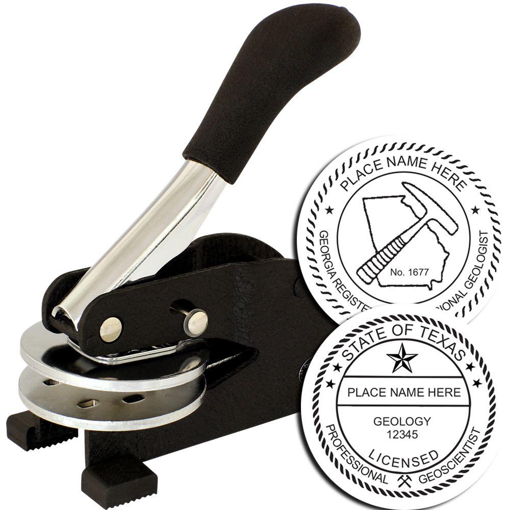 Handheld custom geology embosser seal with Georgia and Texas professional geologist stamp designs