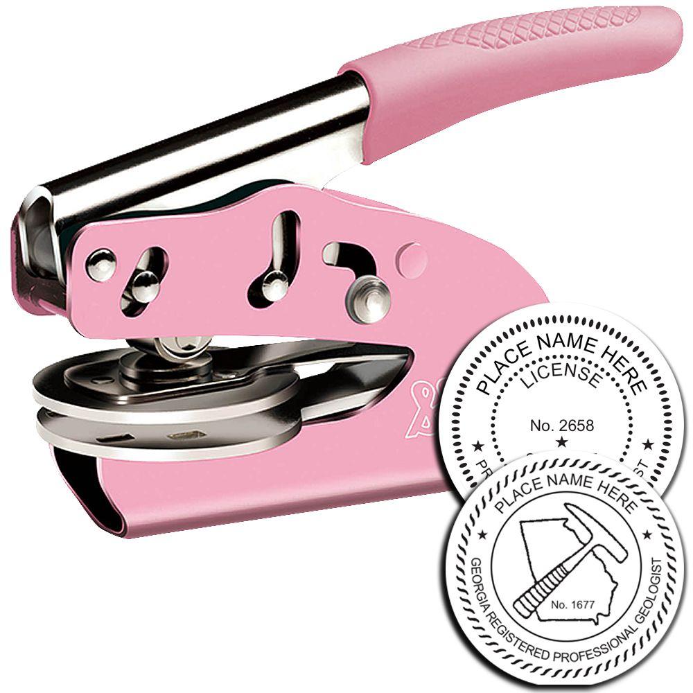 Pink handheld embossing seal stamp with custom professional license and geologist embosser plates.