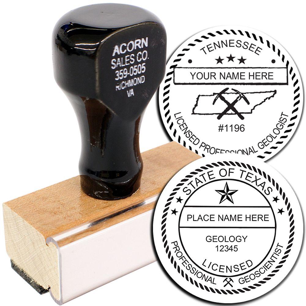 Custom professional geologist stamp with Tennessee and Texas state license seal examples and personalized name imprint.