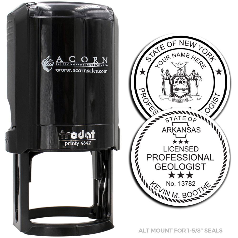 Black Trodat self-inking seal embosser for 1-5/8 inch professional geologist seals, shown with New York and Arkansas license seal examples.