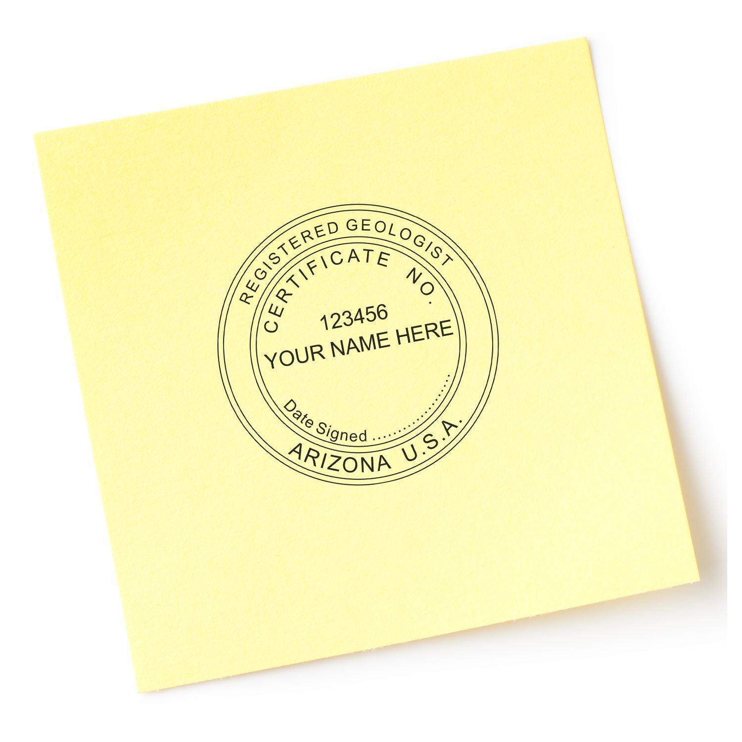 Yellow certificate stamp reading Registered Geologist with Arizona U.S.A. seal and personalized name placeholder text.