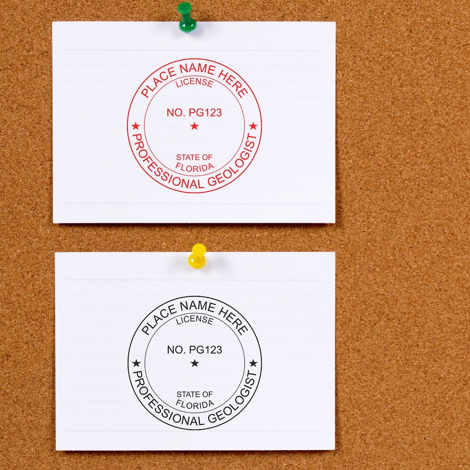 Professional geologist license stamp template for Florida displayed on pinned paper notes on a corkboard.