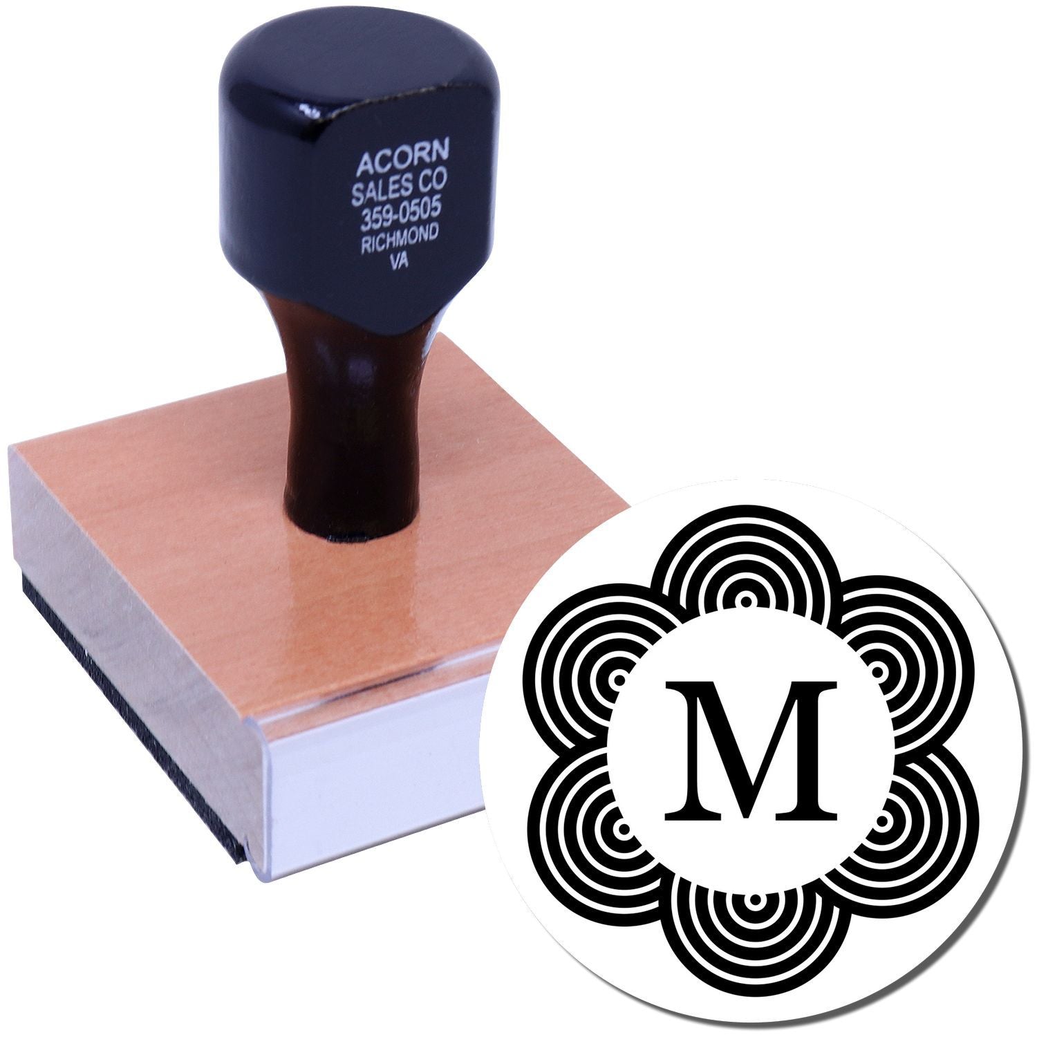 Custom rubber stamp with monogram M design for business branding, stationery, and packaging