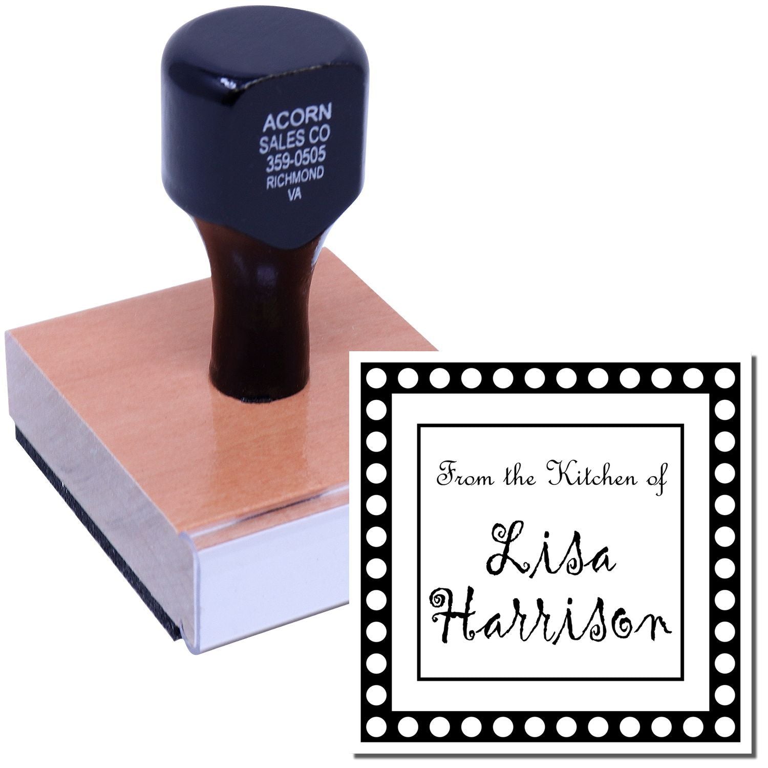 Custom self-inking rubber stamp with a sample From the Kitchen of Lisa Harrison imprint for personalized recipe cards.