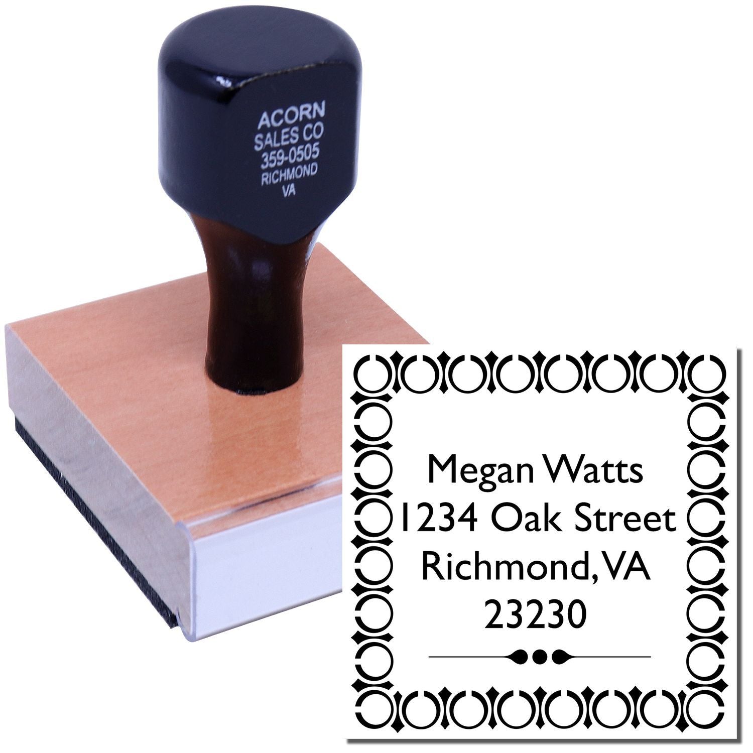 Custom address rubber stamp with decorative border, showing a personalized return address imprint for Richmond, VA.