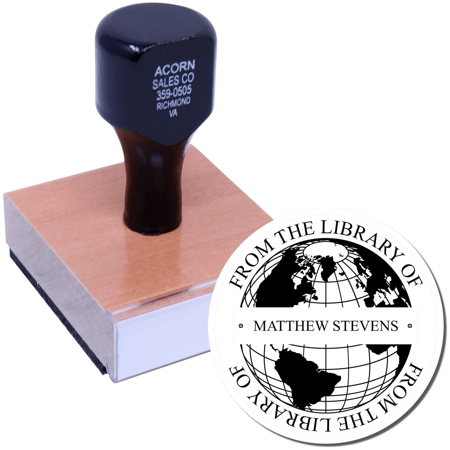 Personalized rubber stamp for library books featuring a custom From the Library of Matthew Stevens seal.