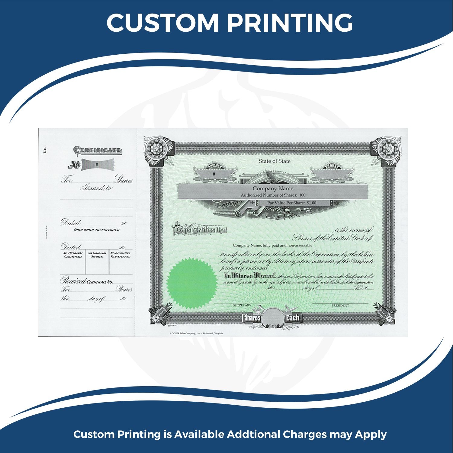 Custom printing of corporate stock share certificatessample certificate design for businesses and investors.