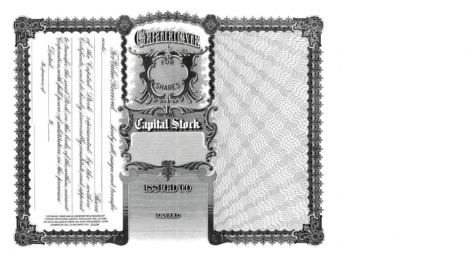 Vintage capital stock share certificate layout with ornate border, labeled Issue to and Certificate for Shares for corporate finance