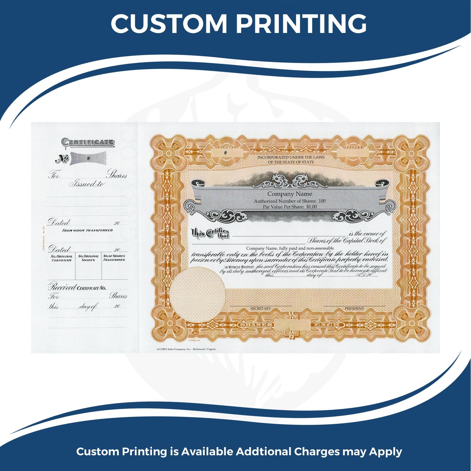 Custom printing service showcasing a blank stock/share certificate design for corporate certificates of shares and ownership documents