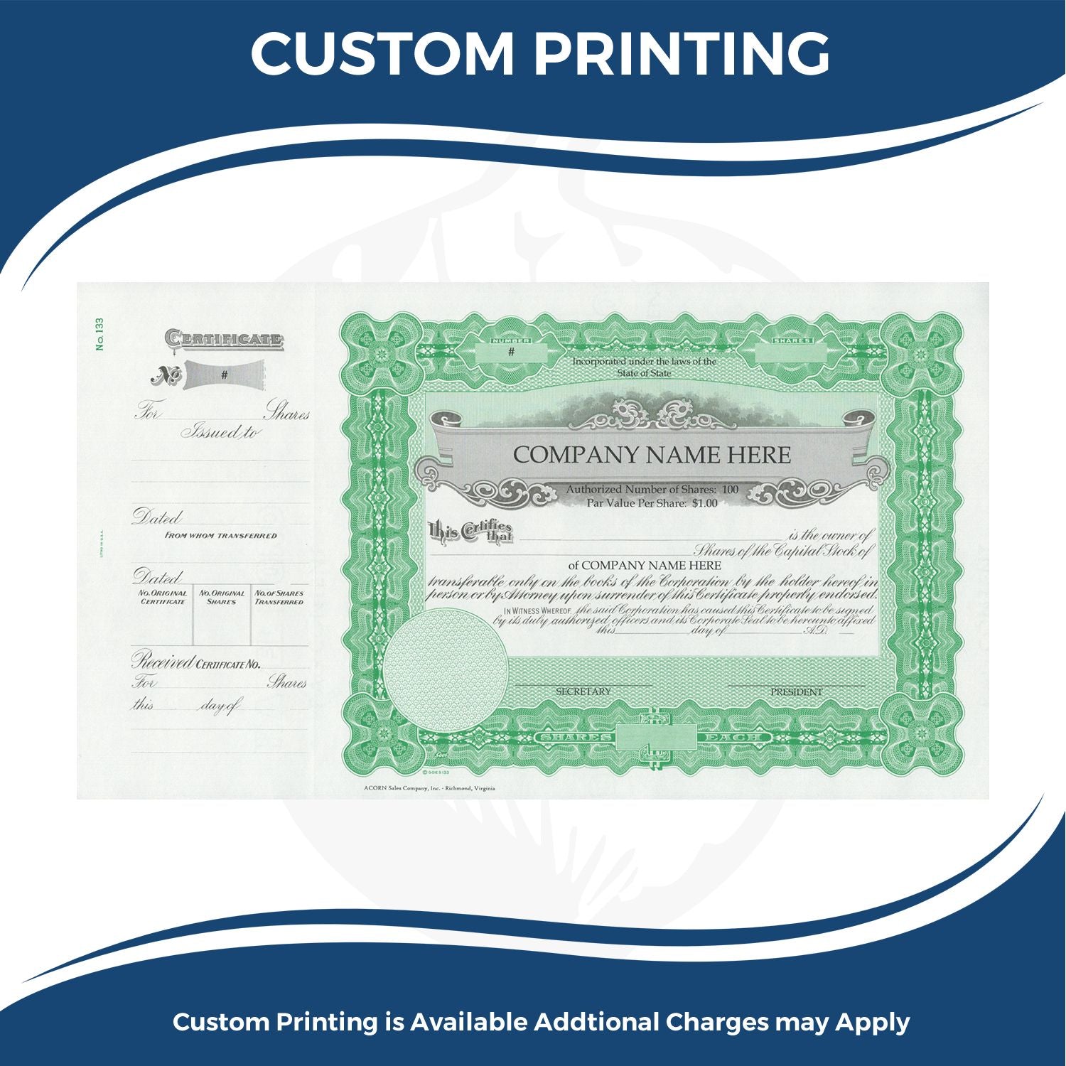 Custom printing service banner featuring a security stock certificate with company name placeholders for professional business documents.
