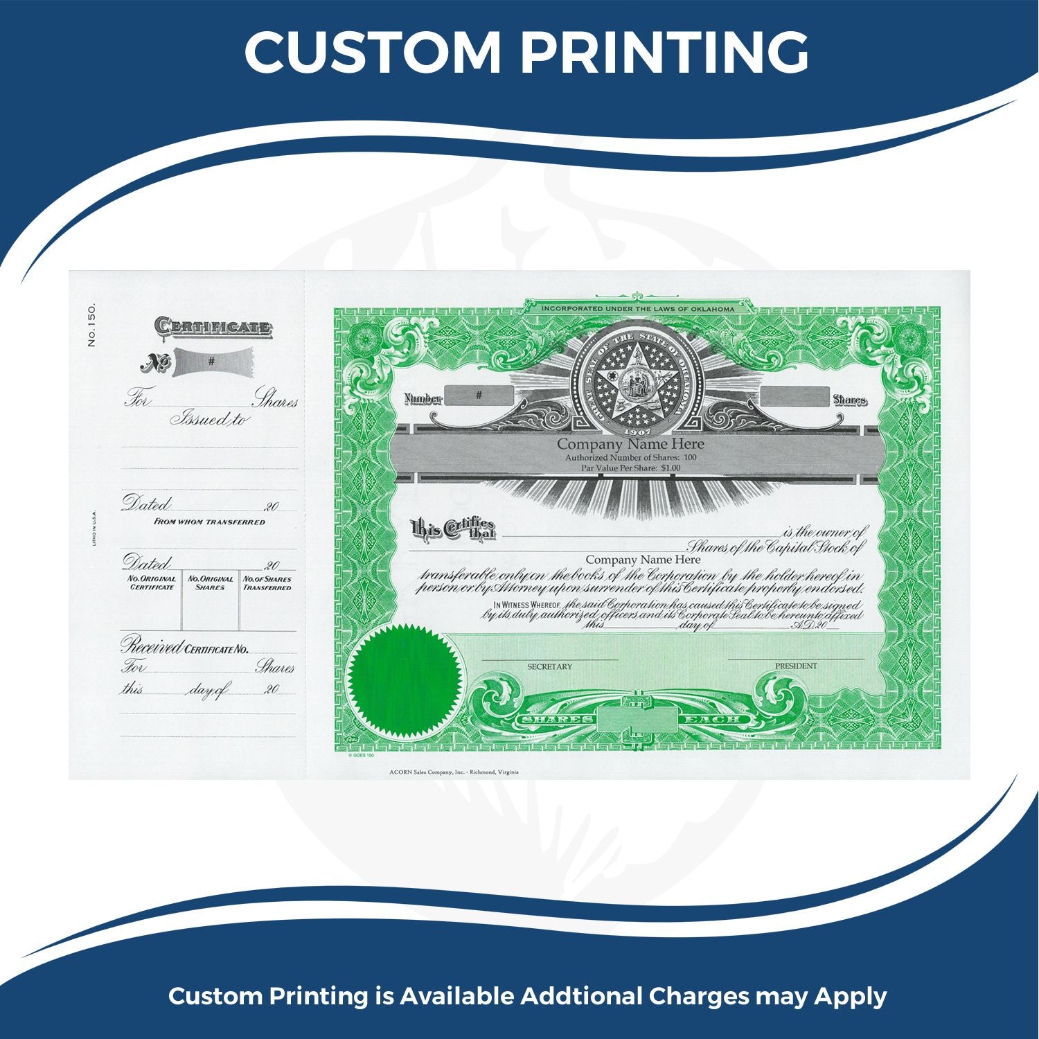 Custom printing for stock share certificates with company name and green security designprint-ready document template for businesses