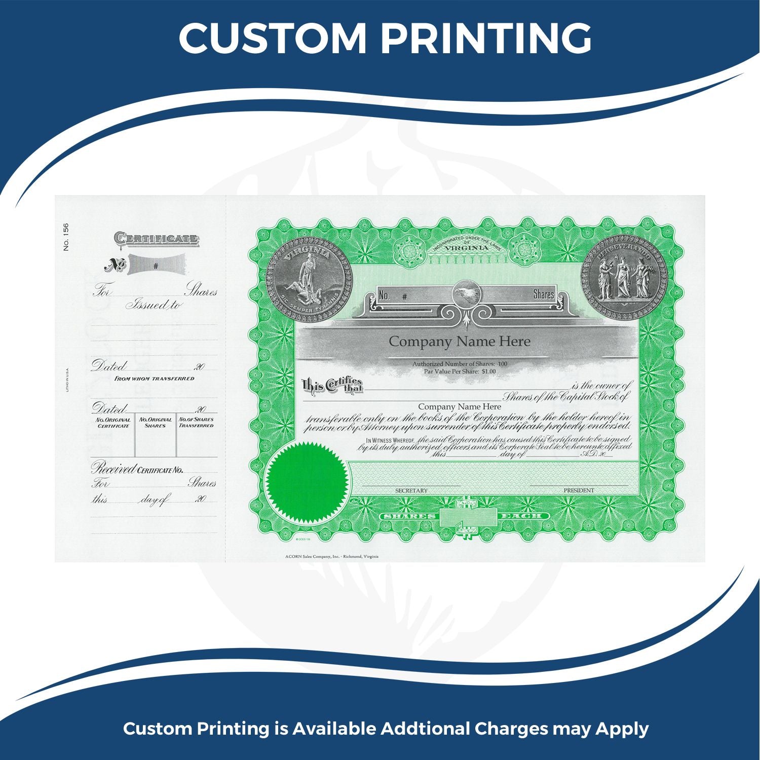 Custom printing service banner featuring a green corporate stock certificate for shares and shareholder issuance
