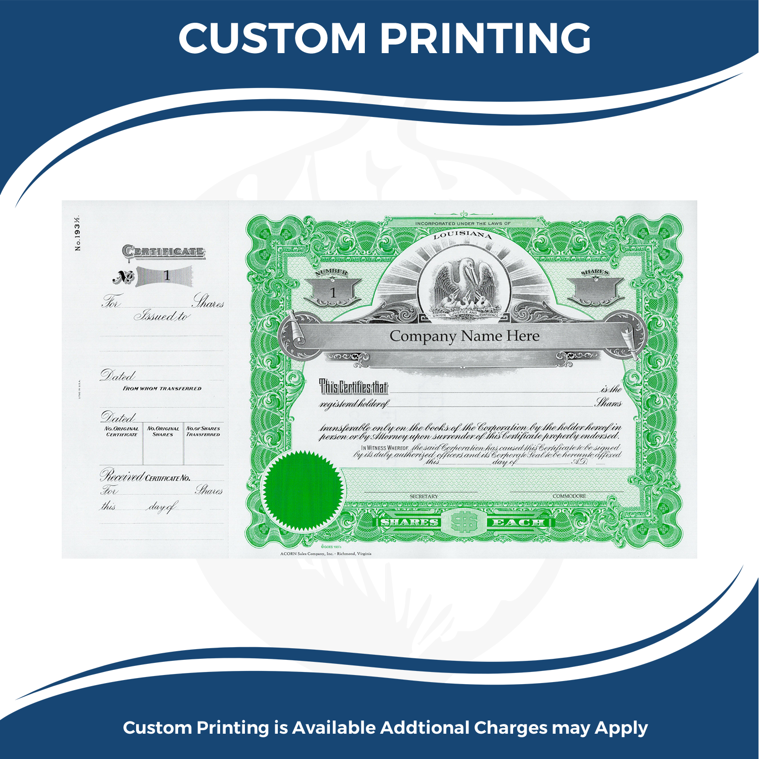 Custom printing services banner featuring a Louisiana stock certificate and shares document for corporate document design
