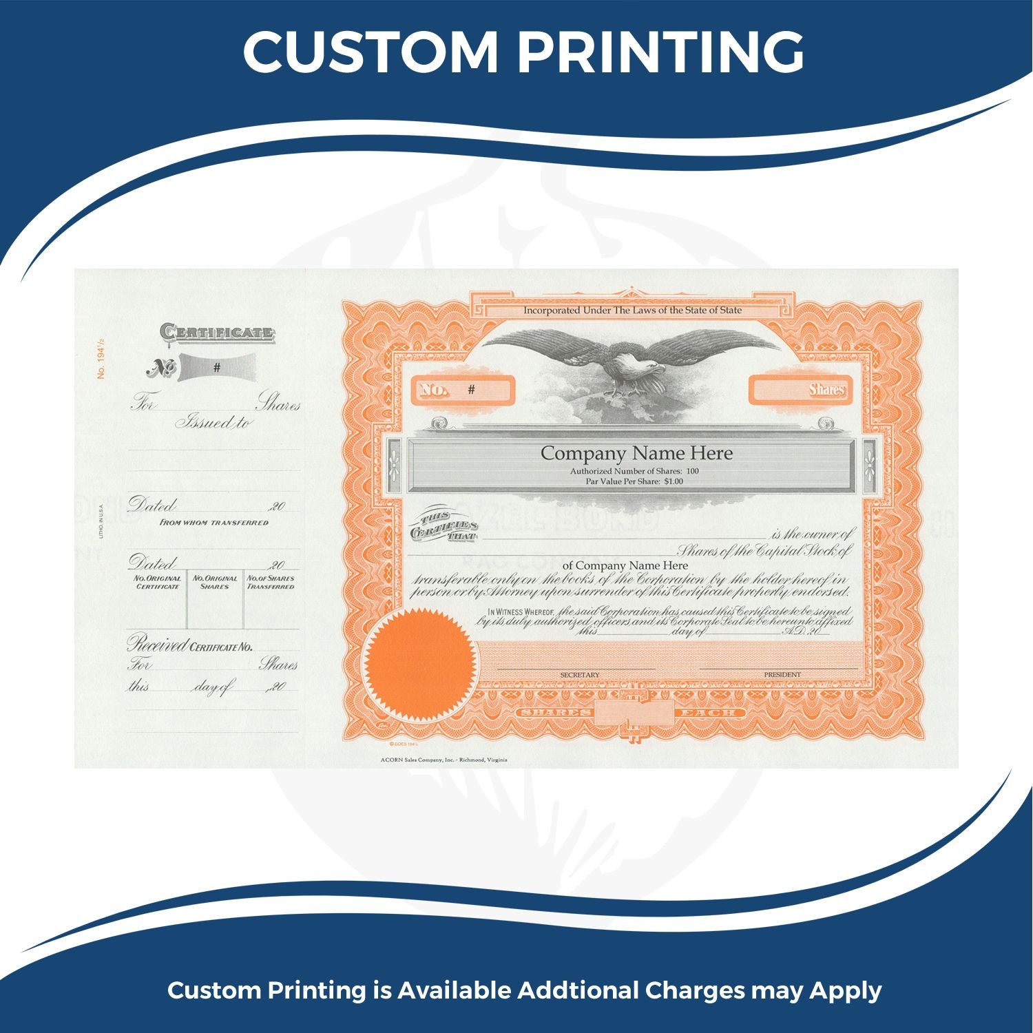 Custom printing stock certificate design with ornate border, company name, and shares details for legal share ownership.