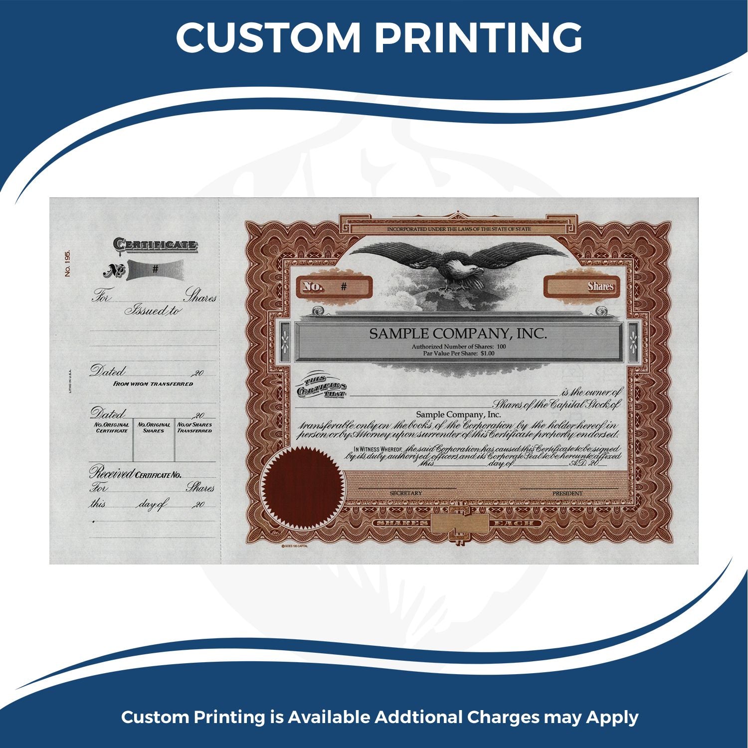 Custom printing for stock certificatessample share certificate with eagle engraving and company details, ready for corporate use.