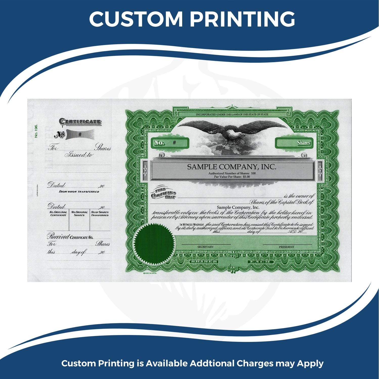 Custom printing service banner featuring a sample corporate stock certificate and shares document for share issuance printing.