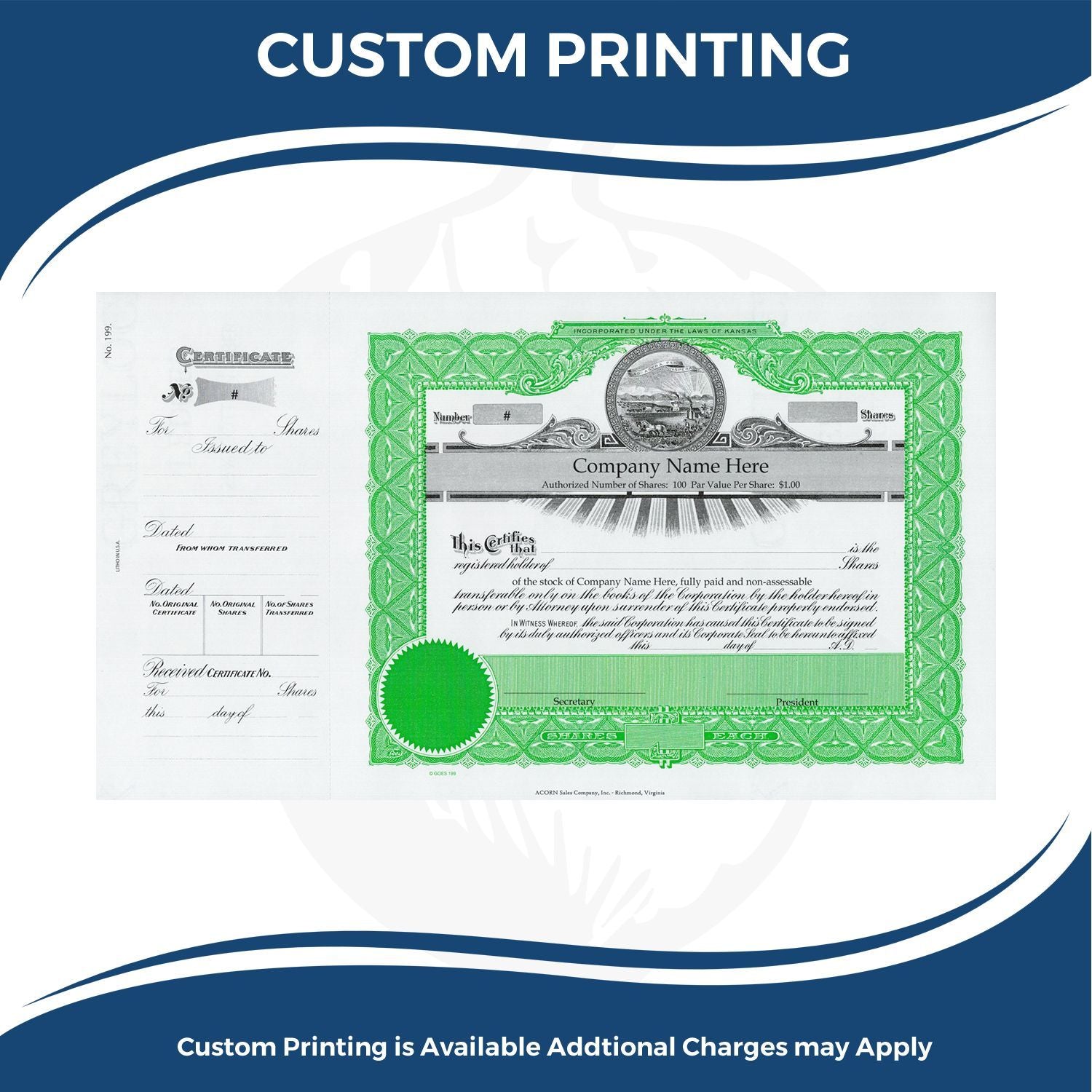 Custom printing stock certificate document with corporate shares design for personalized company share certificates and engraving
