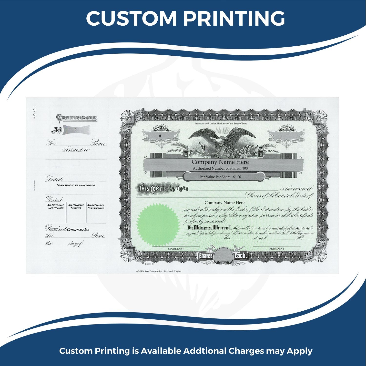 Custom printing certificate of shares for corporate stock, showing customizable company name and authorized number of shares details