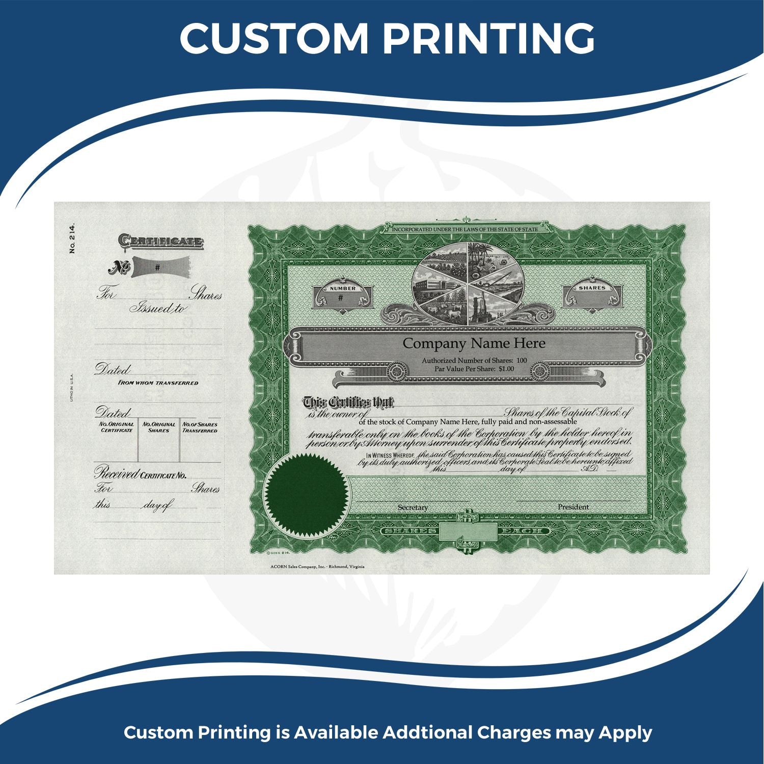 Custom printing of corporate stock certificates, showing a company shares certificate design with certificate number and share details.