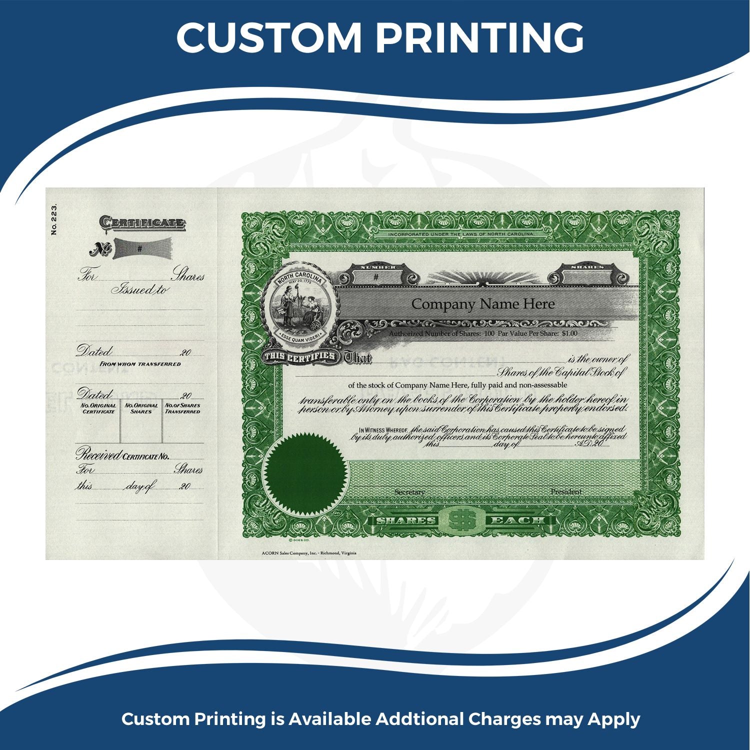 Custom printing example of a stock certificate layout with ornate green border and company name field.