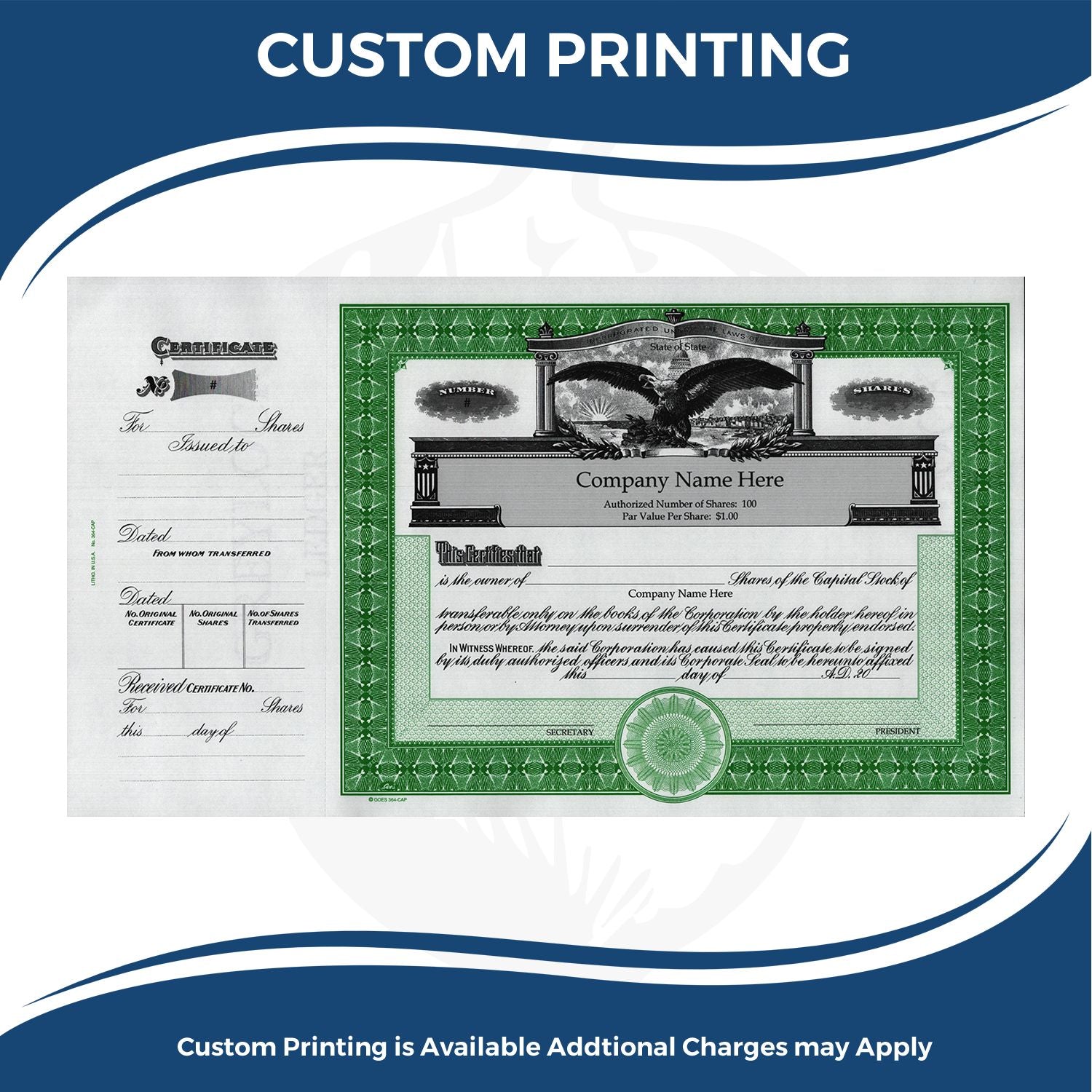 Custom printing services for corporate stock certificates and share certificates, featuring certificate templates and stock shares layout