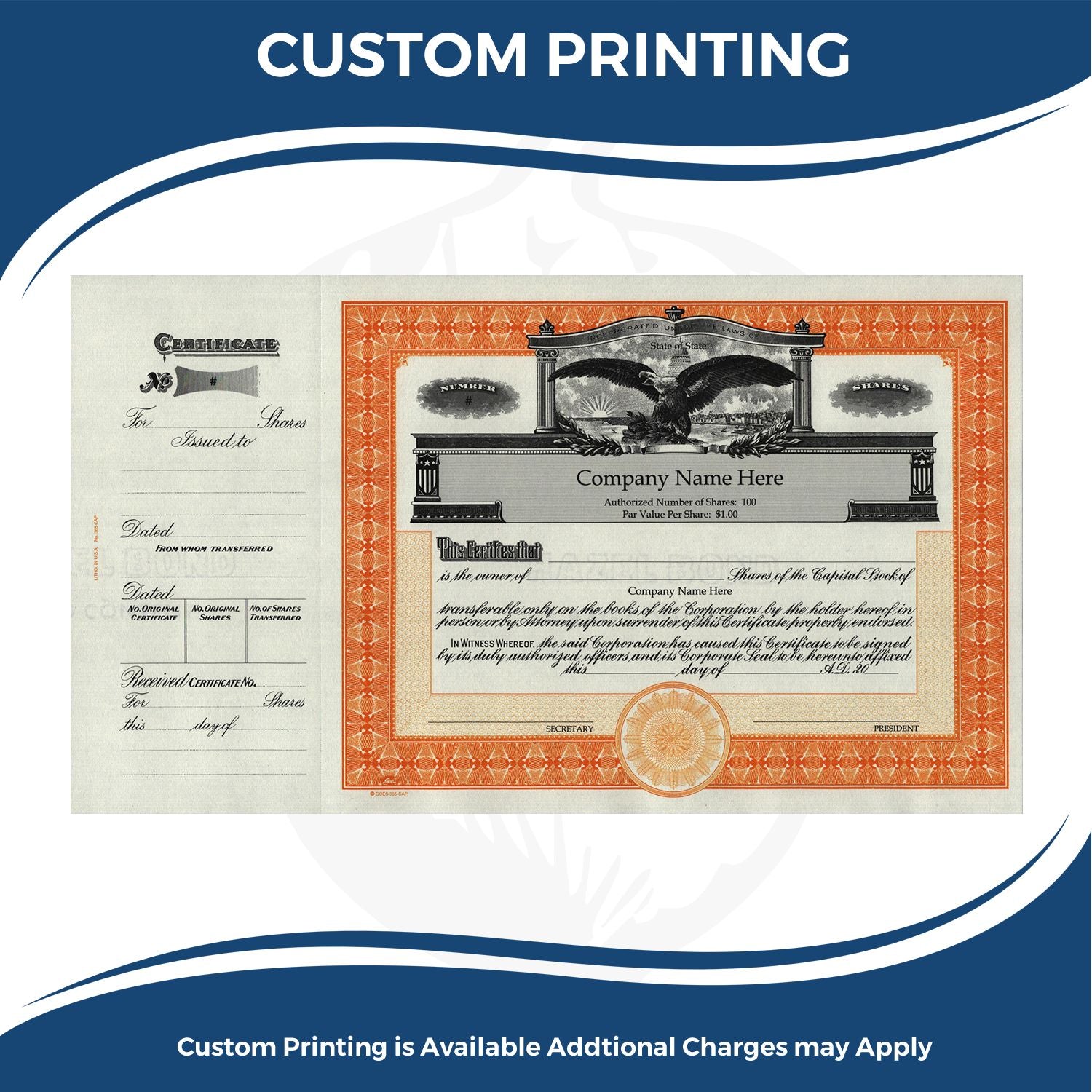 Custom share certificate printing design with corporate certificate and blank fields, promotional image for custom printing services.