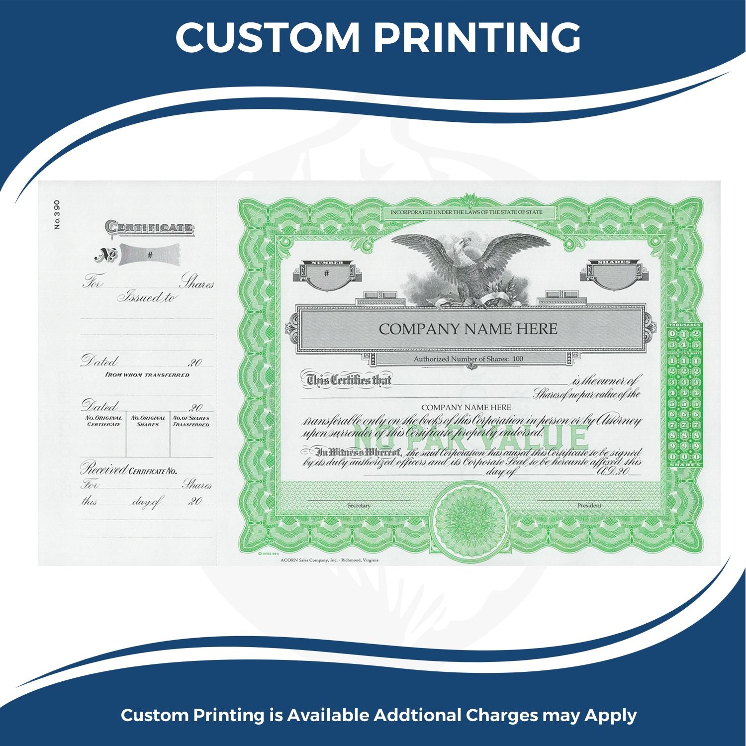 Custom printing services featuring a company stock certificate document template with blank fields and authorized share information.