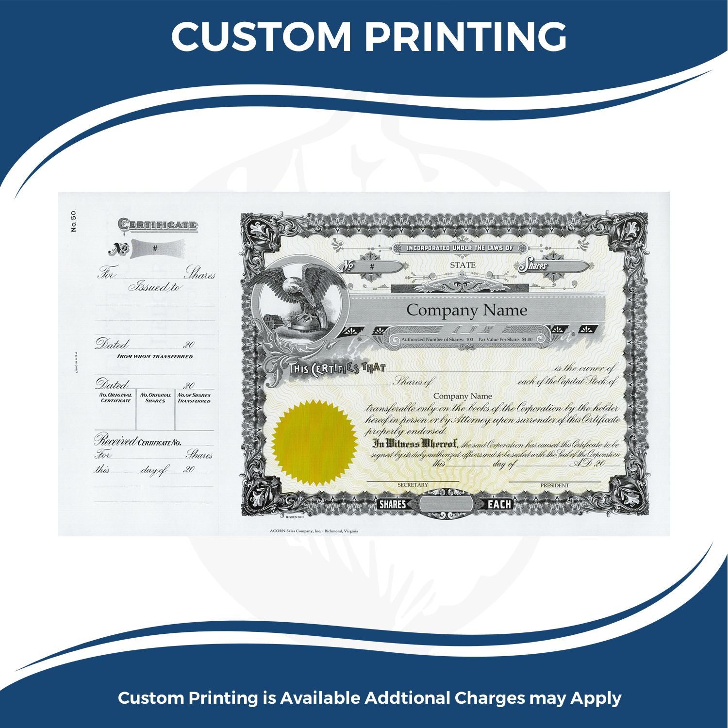 Custom printed stock share certificate design with certificate number and company name, showcasing professional document printing services.