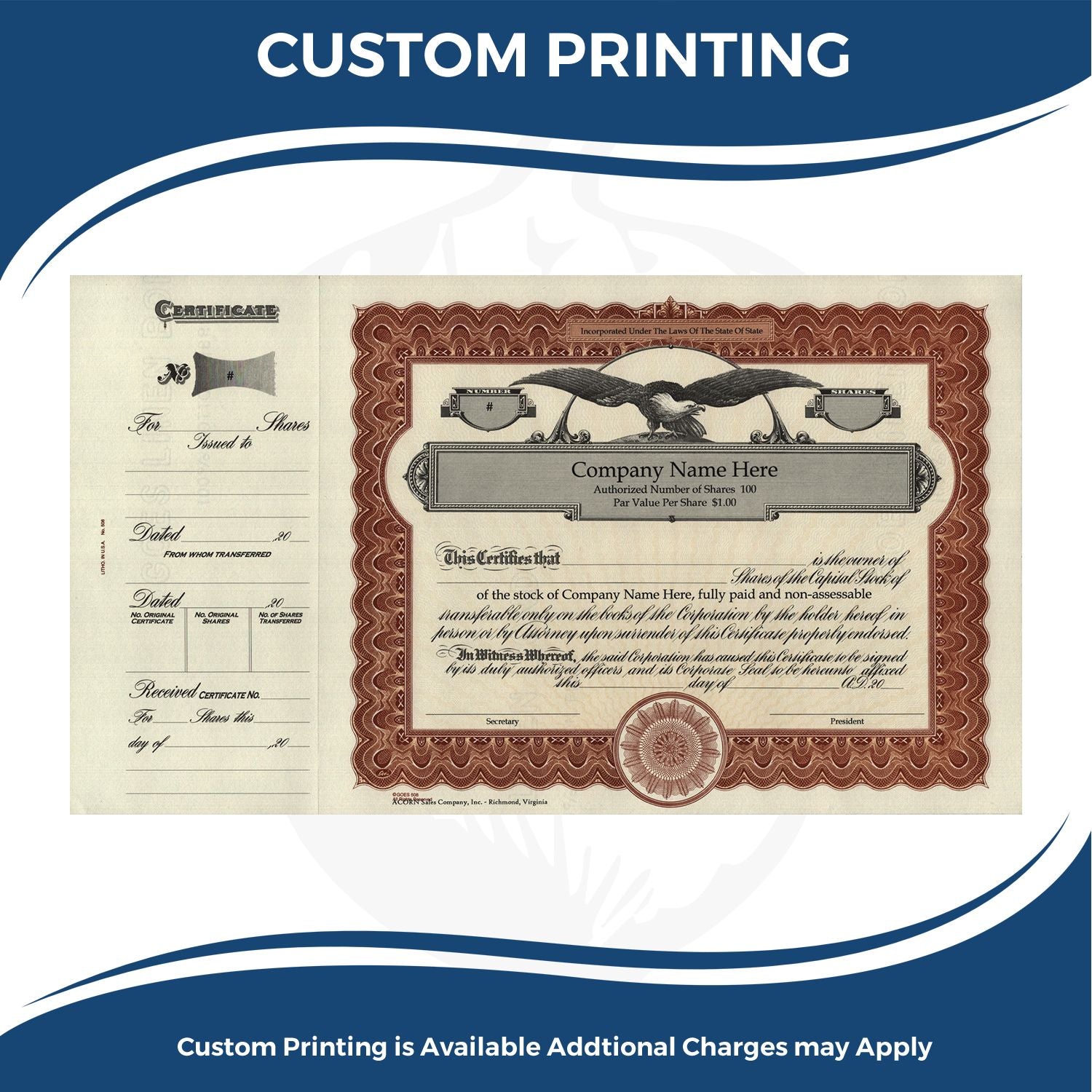 Custom printed certificate design with company stock document layout, showcasing professional custom certificate printing services