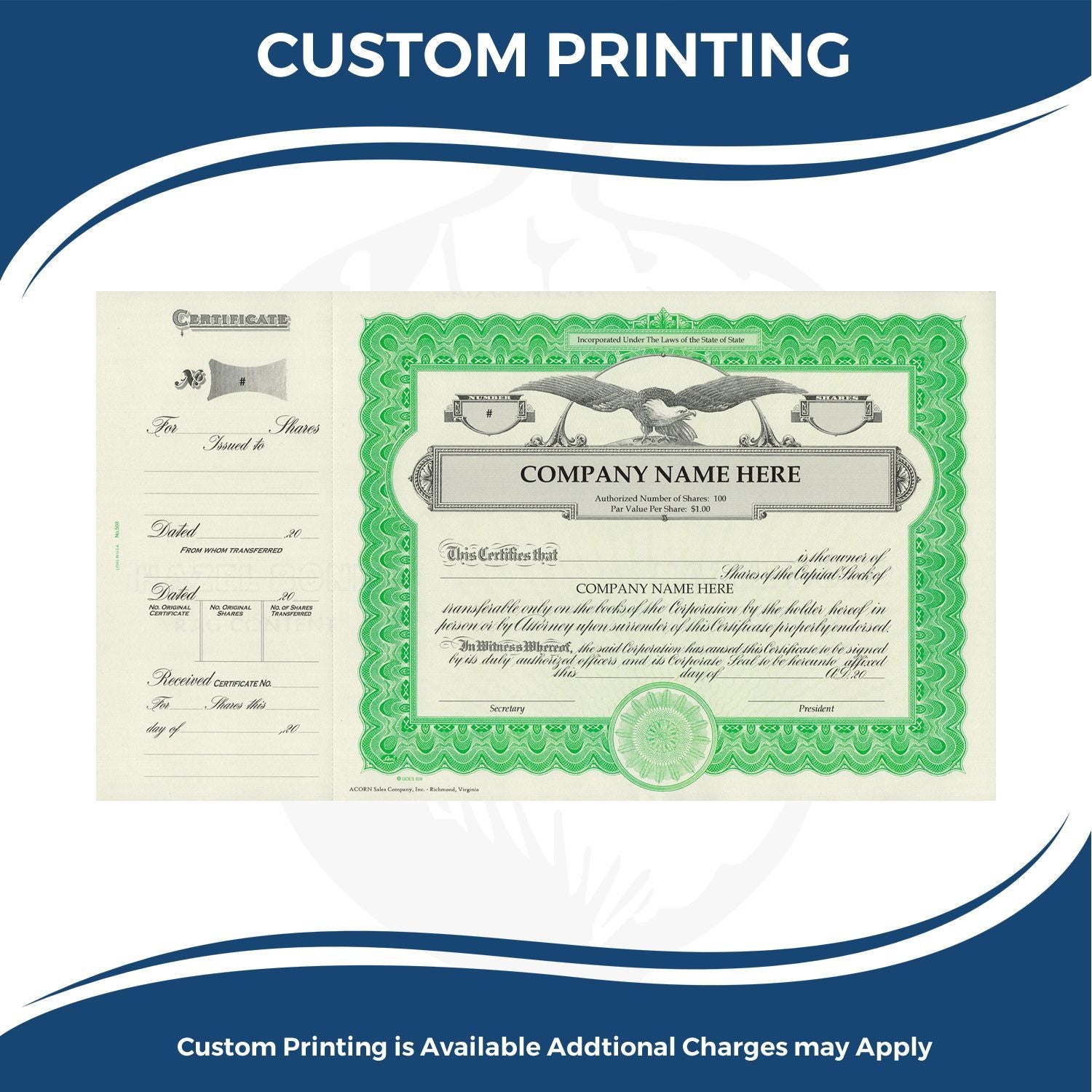 Custom printing service featuring a stock certificate design with security patterns for company shares