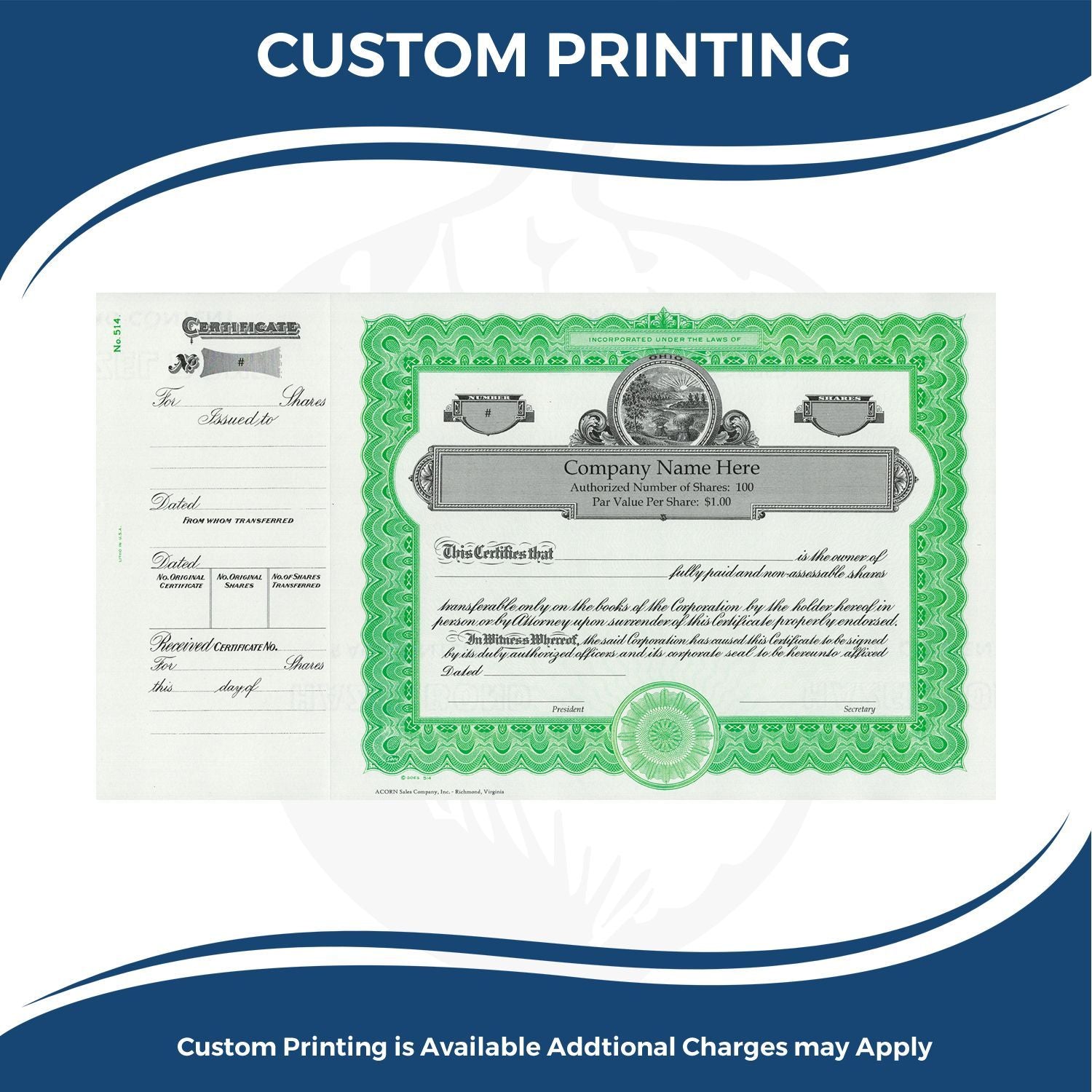 Custom printing sample stock certificate document layout for companies, showing certificate and transfer details on a printed form.