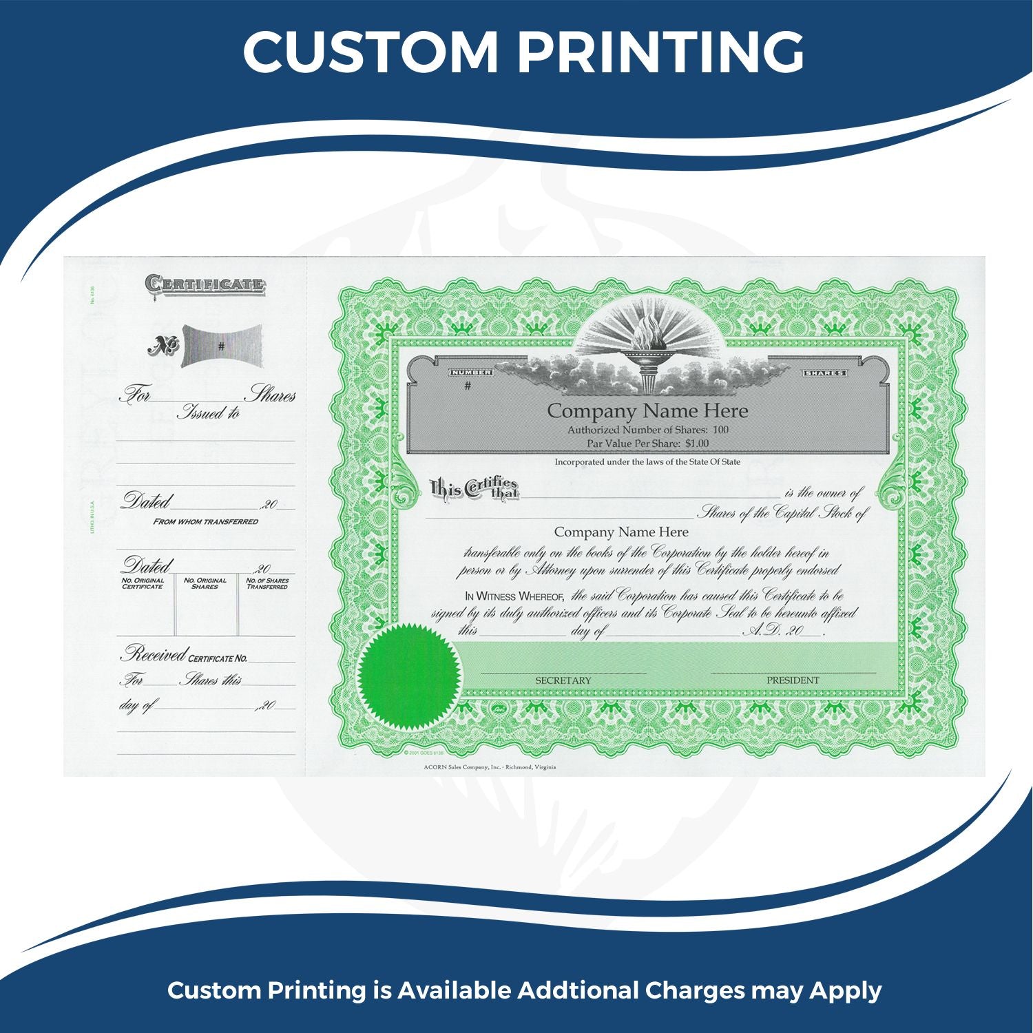 Custom printing services featuring a green stock certificate with company name and sharesprinted certificate of ownership for stock transfer documents.