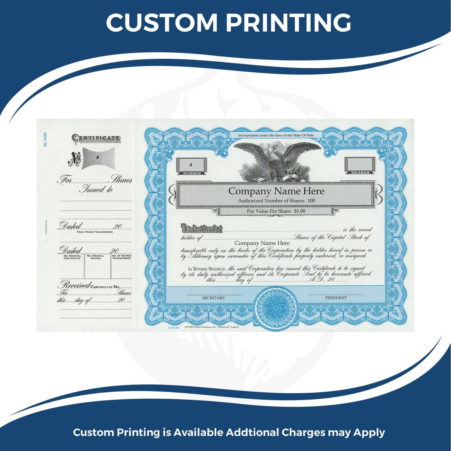 Custom printing service showcasing a printed corporate stock certificate with certificate number and company name, ready for branding.