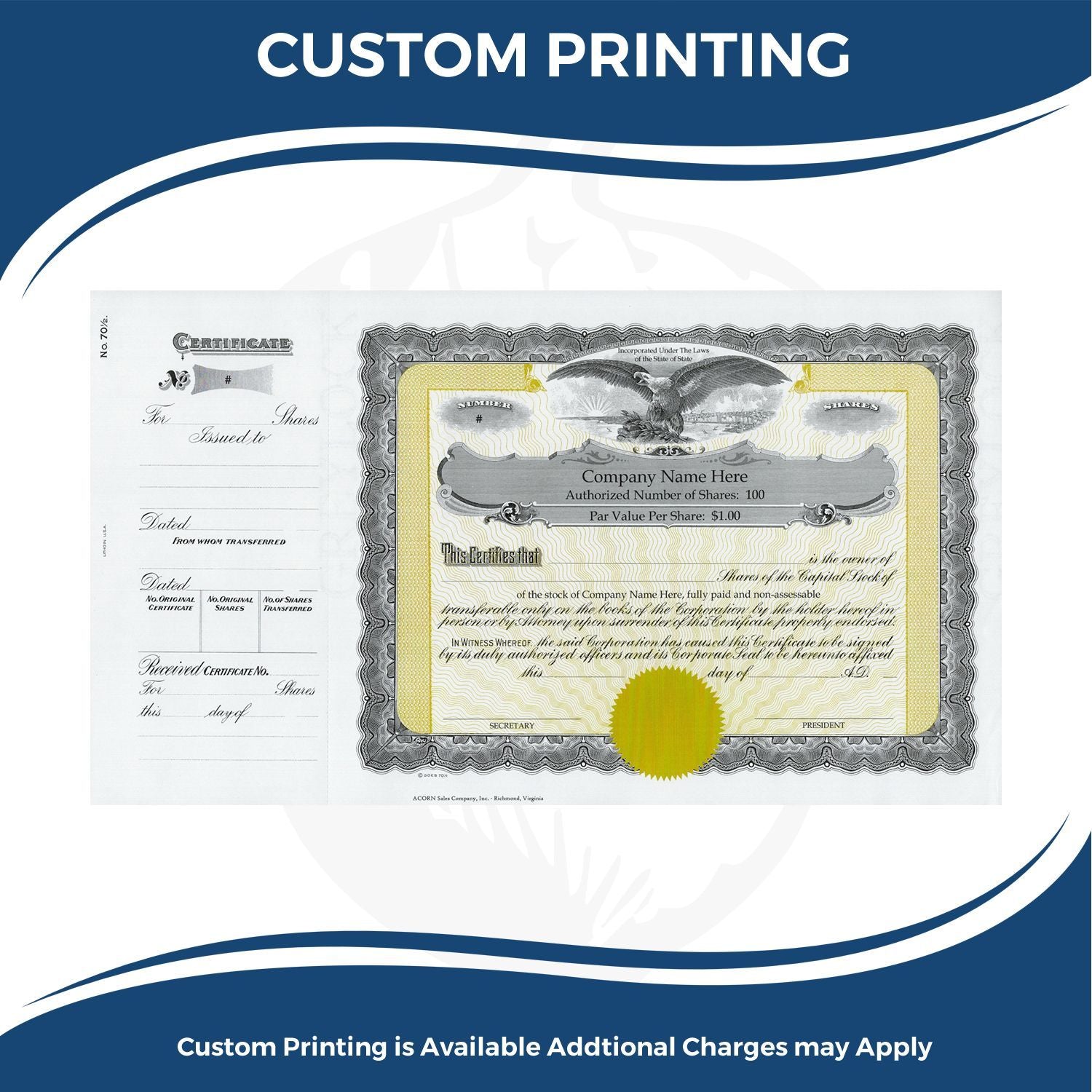 Custom printing service featuring a company stock certificate design with official share details for business document branding.