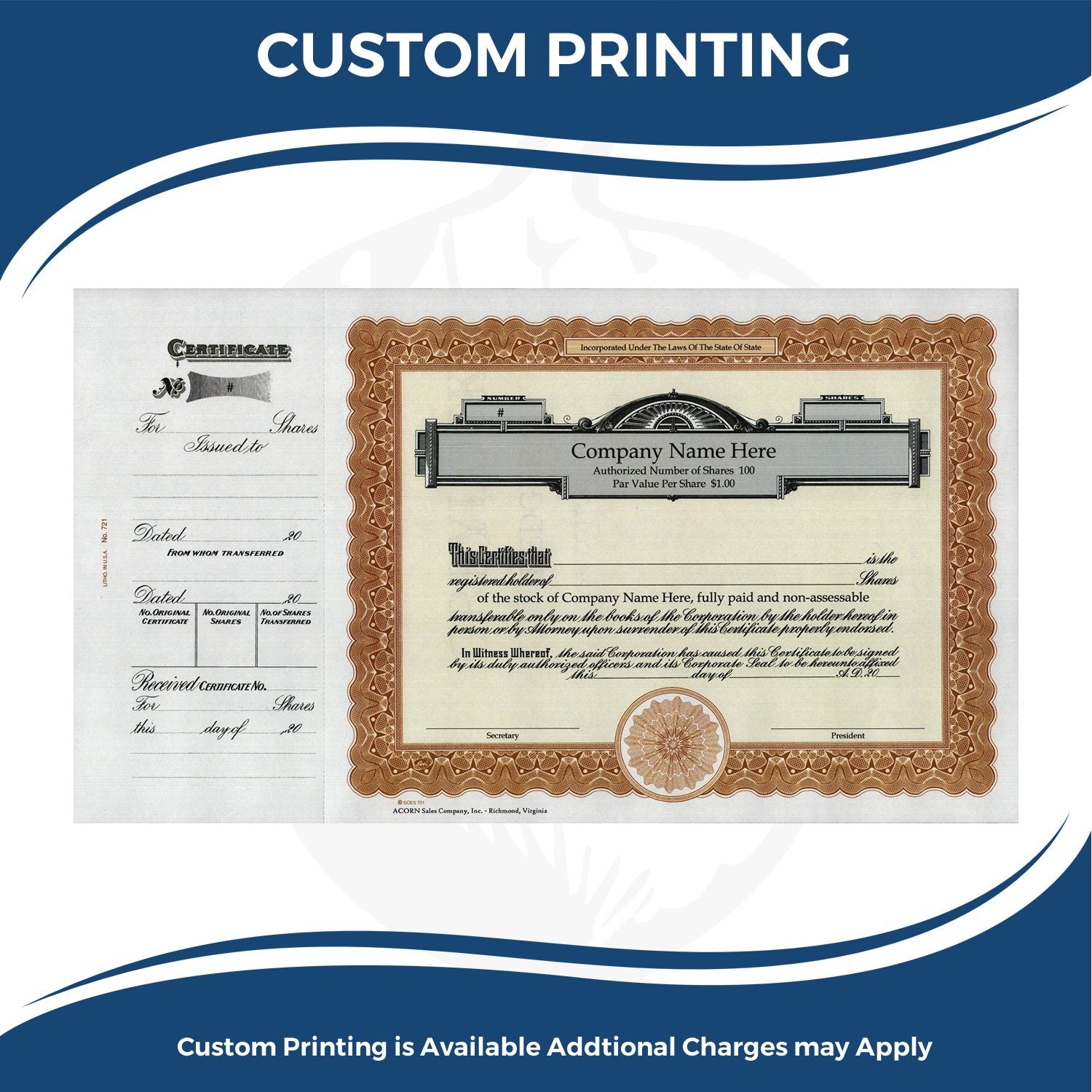 Custom printing service sample stock certificate and transfer certificate design for shares, showcasing professional printed documents.