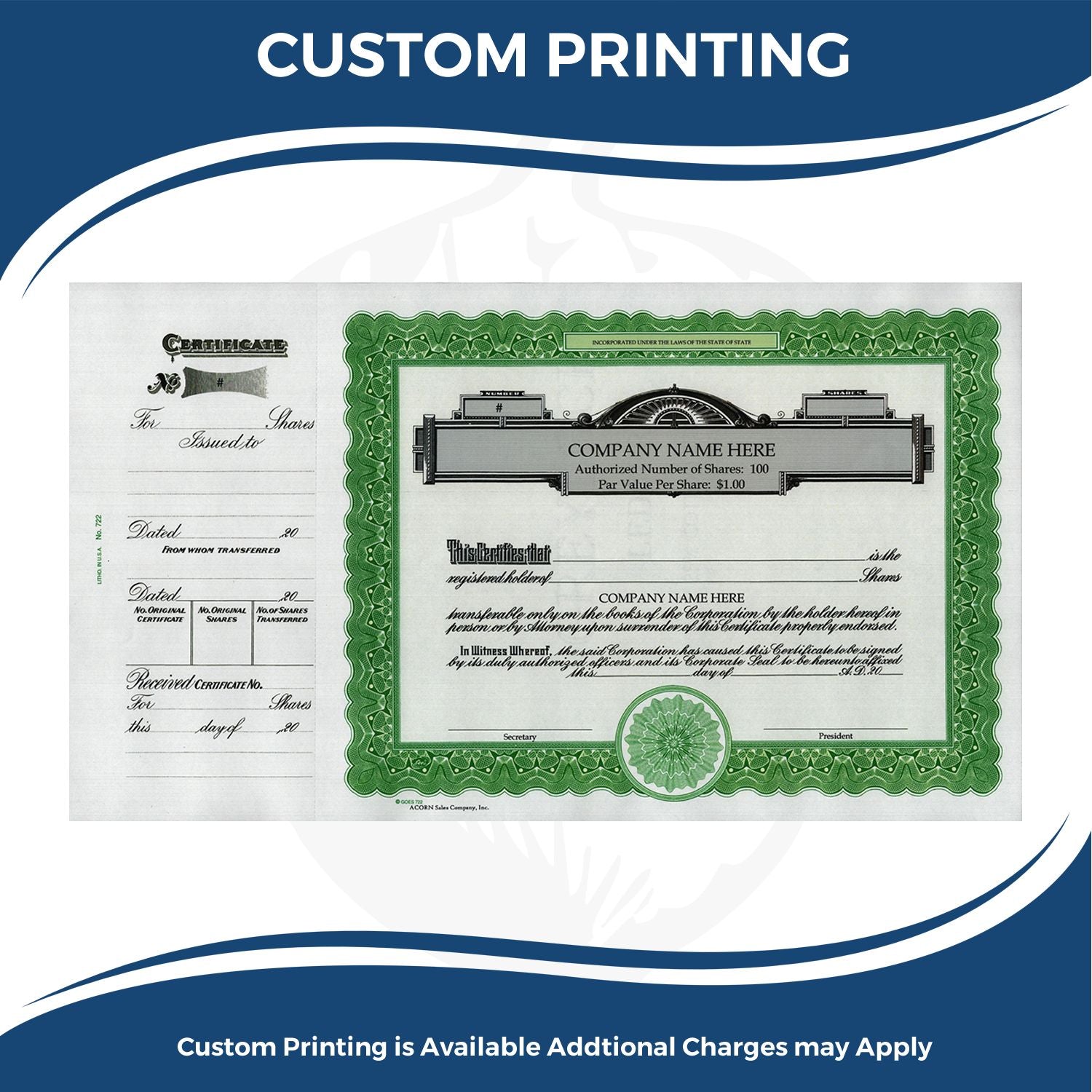 Custom printing service showing a stock certificate template with company name, share count, and officer signatures.