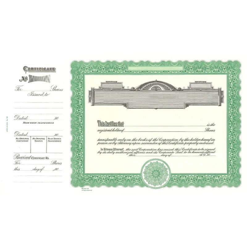 Green stock certificate document showing registered holder details and corporate share ownership for registered shareholders