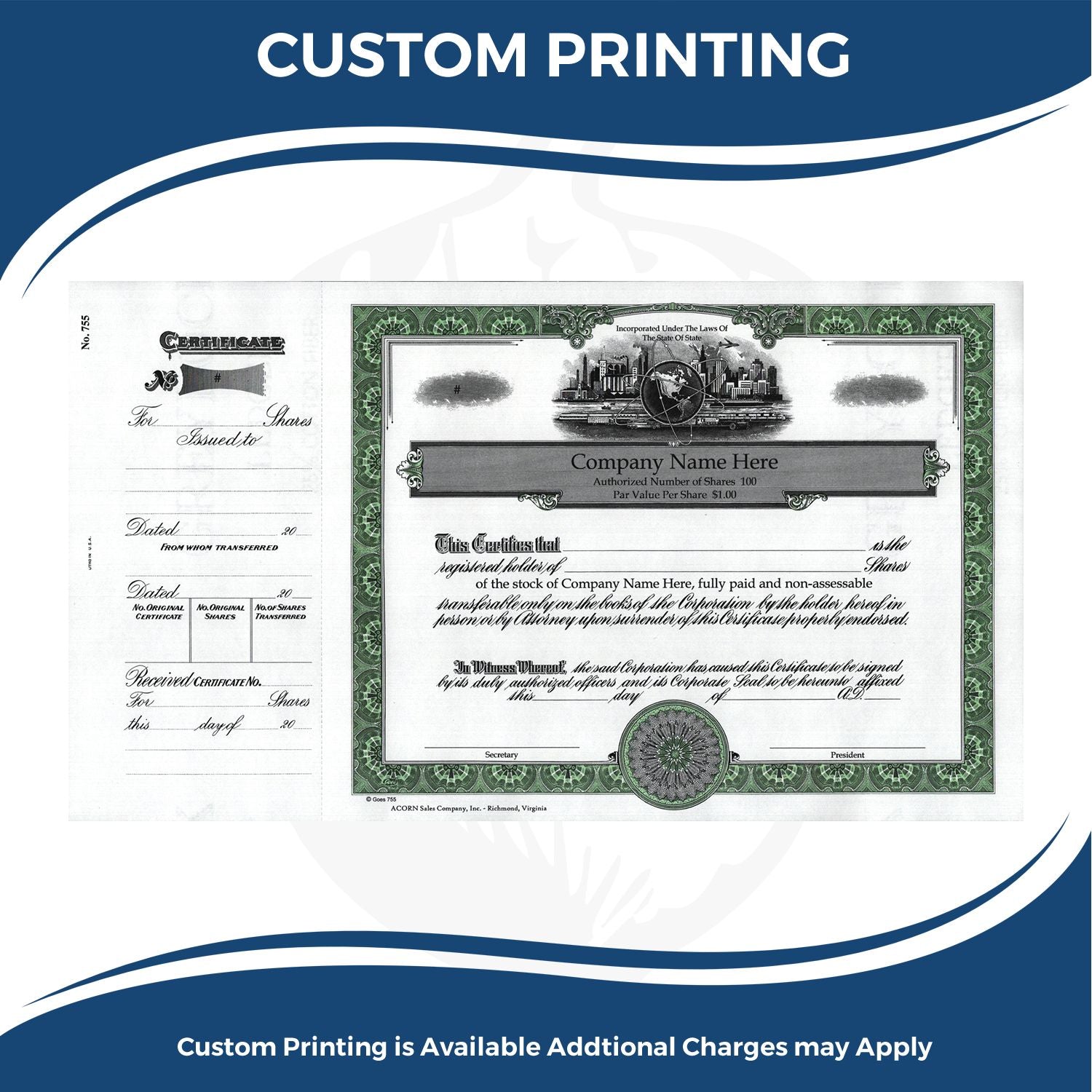 Custom printing of a corporate stock certificate document with company details, secure format, and share certificate layout