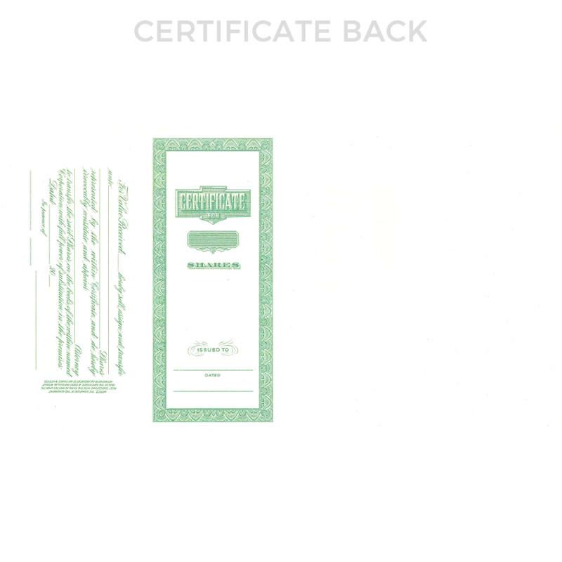 Back side of a green stock certificate showing Certificate shares and issued-to details on the certificate document template